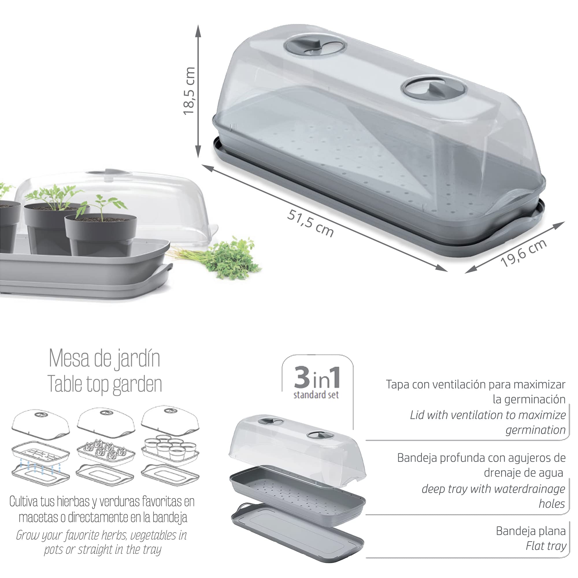 Prosperplast Semillero/Bandeja Multiusos con Tapa de policarbonato respana Table Greenhouse, Dimensiones (mm) 515x196x185, Color Gris Piedra