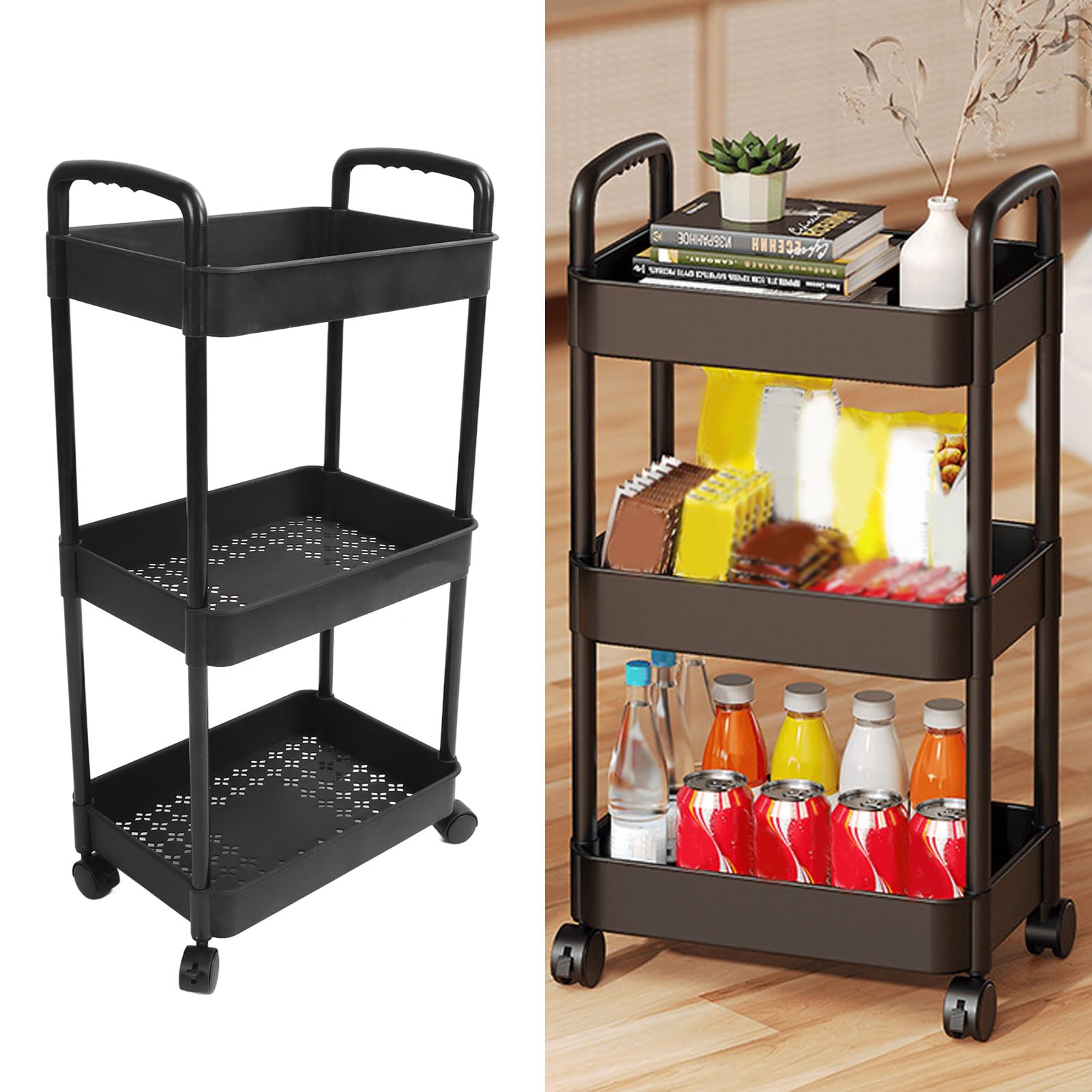Carrello portaoggetti a 3 livelli con ruote, grande capacità, nero, per camera da letto, bagno, cucina, portatile e facile da spostare