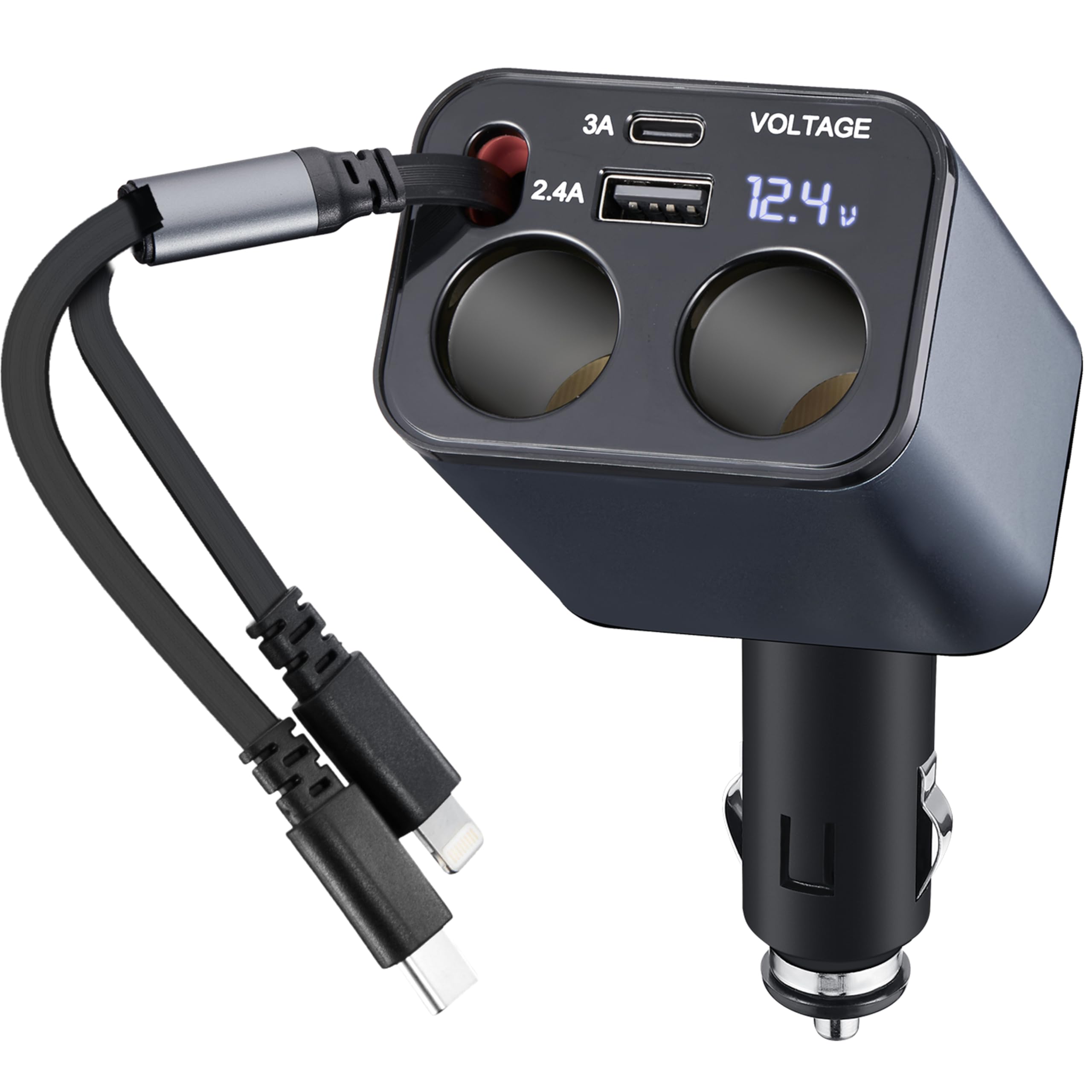 MQOUNY Retractable Car Charger,6 in 1 Fast Car Phone Charger 159W,USB C and 2 Cigarette Lighter Adapter,Retractable Cables Compatible with iPhone 15/15 Pro Max/14/13/12/11, Galaxy, Pixel