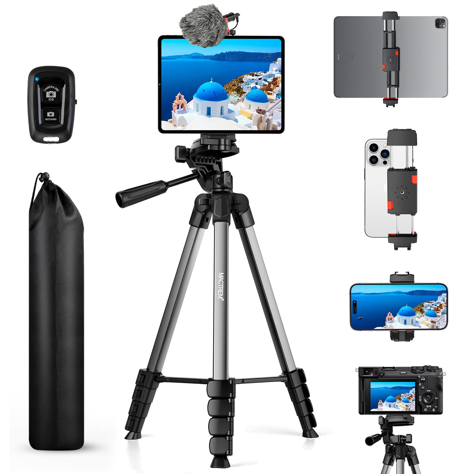 MACTREM 67" Tripod Stand for iPad iPhone Tablet Camera with 2 in 1 Mount & Wireless Remote, Aluminum Extendable Phone Tripod for Video Recording/