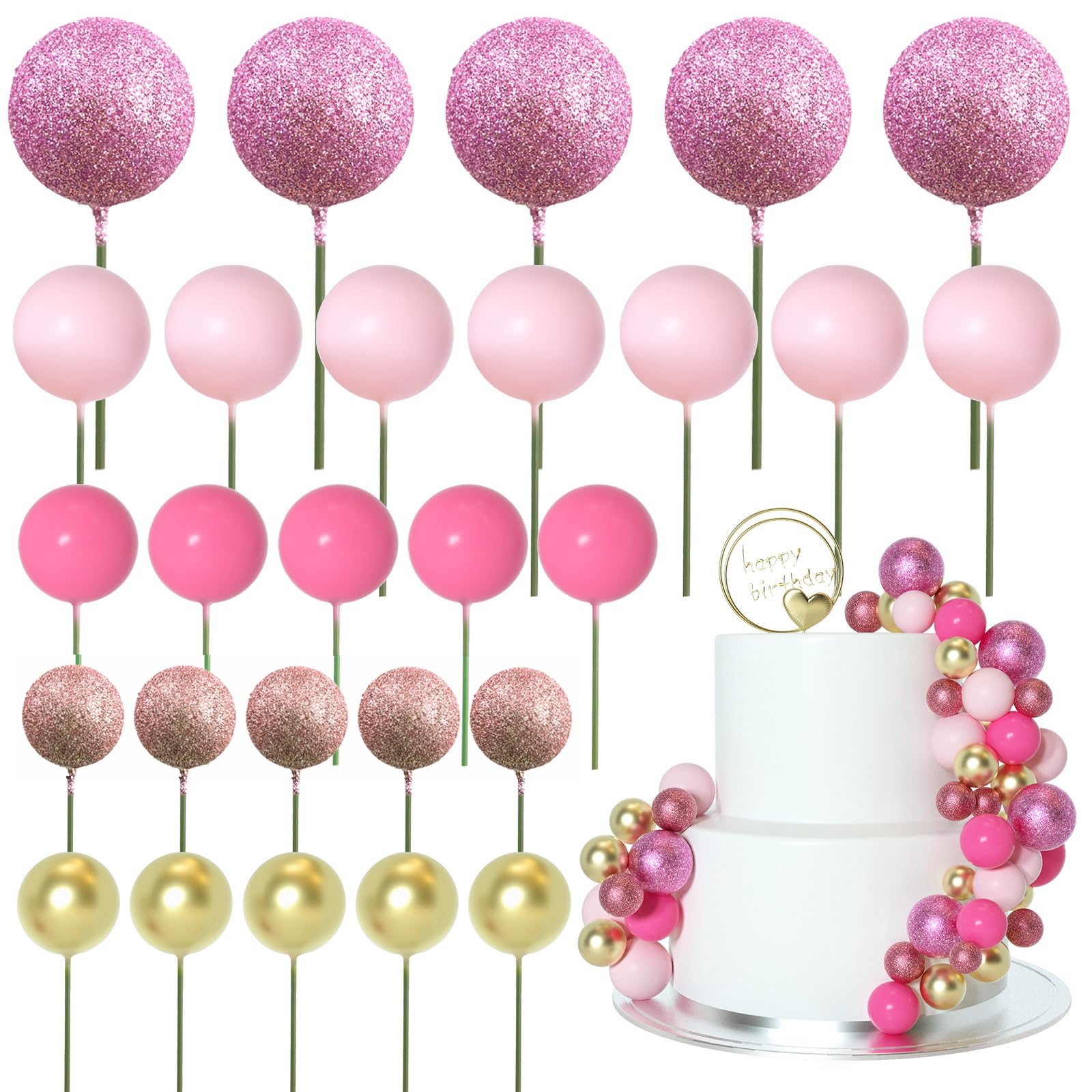 ASTARON 50 Pcs Ball Cake Topper Sticks Mini Balloons for Cake Decorating Supplies Foam Balls Cake Decorations for Baby Shower Cake Birthday Cake Toppers Decorations (Pink Series)
