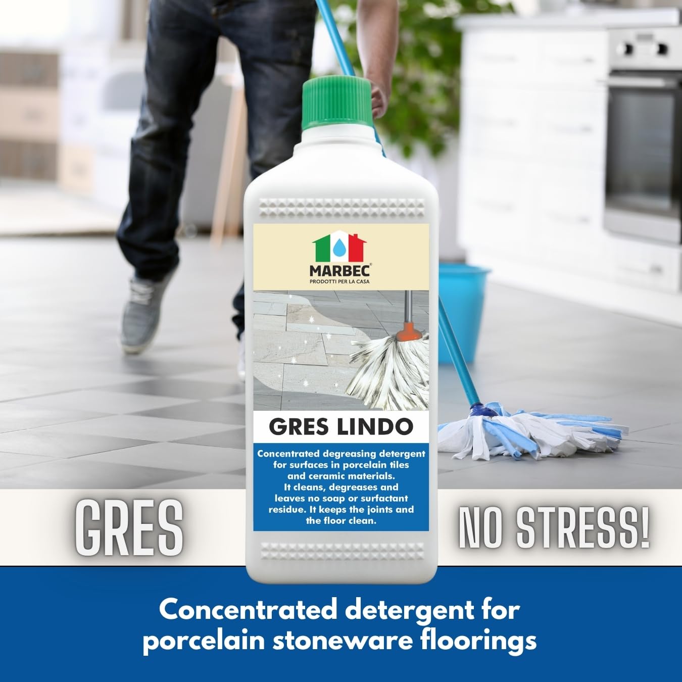 MARBEC GRES LINDO 1LT Detergente per pavimenti in gres porcellanato pulisce sgrassa senza residui. Mantiene pavimenti e fughe pulite. Ideale per Uso Quotidiano.