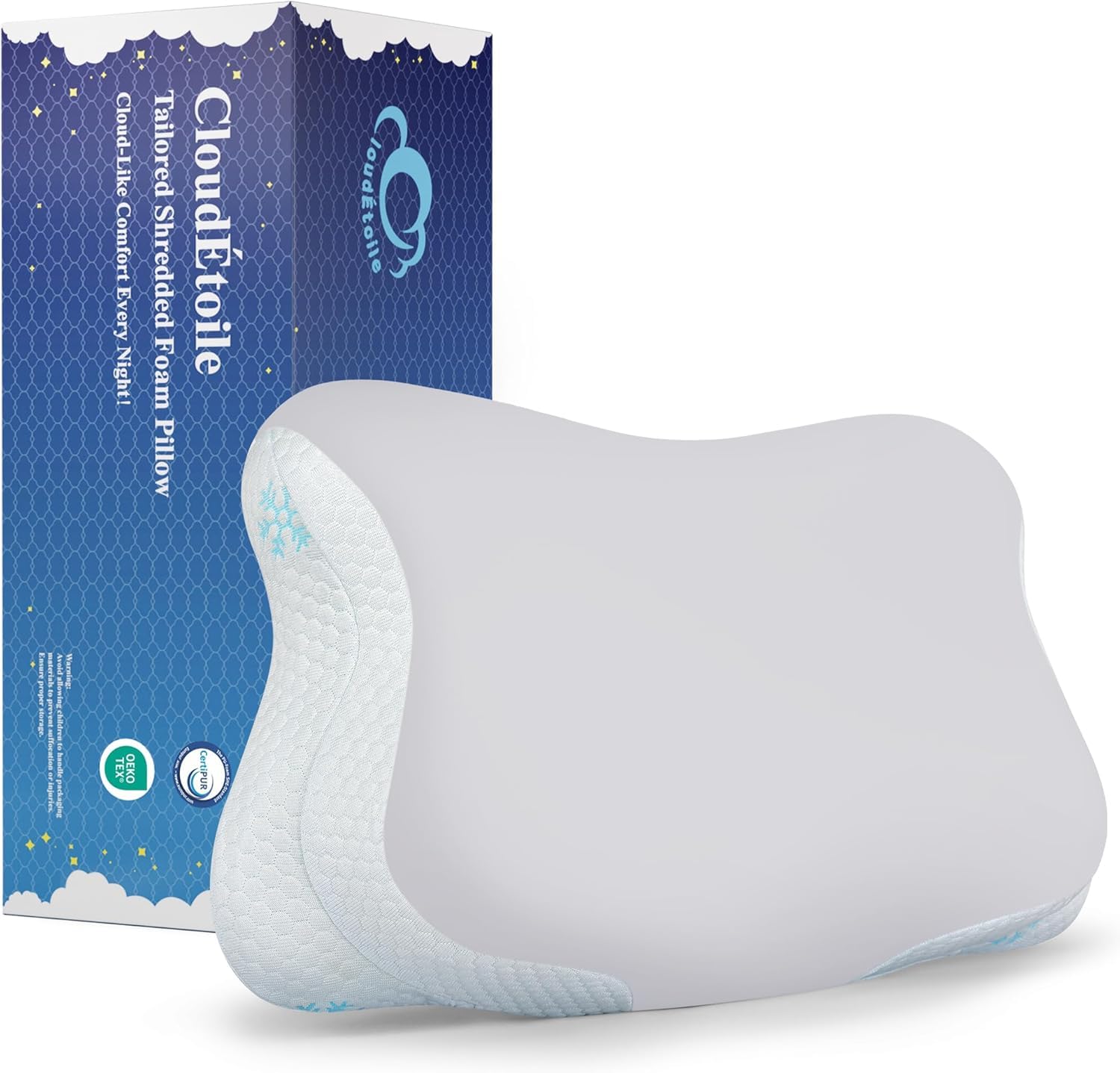 CloudÉtoile Cervical Pillow Memory Foam – 2‑in‑1 Memory Foam Pillow for Deep Sleep, Height‑Adjustable Neck Support Pillows for Back Stomach Side Sleepers, CertiPUR-EU and OEKO-TEX, Grey