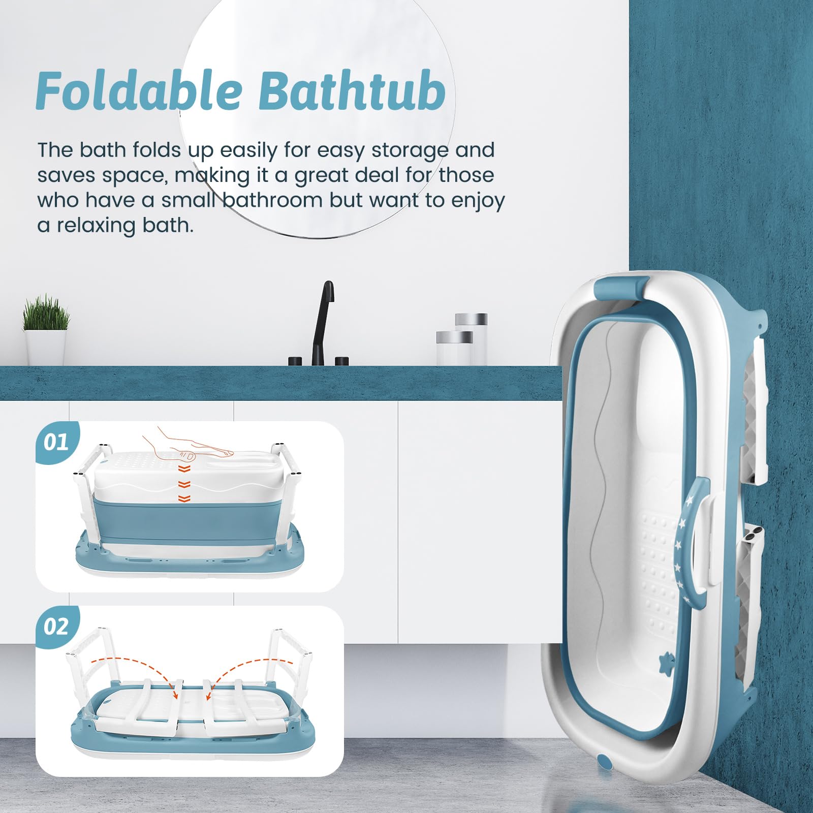 Baignoire Pliable pour Adulte - 128 x 62 x 52 cm - Mobile Avec Couvercle - Panier à Savon Portable - Roulettes de Massage - Idéal pour Petites Salles de Bains