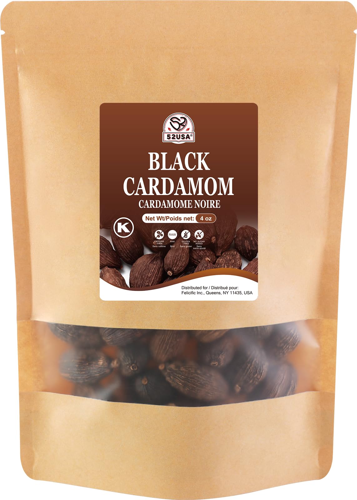 52USA Black Cardamom Pods, 4oz in Kraft Bag, NON GMO Verified, Black Cardamom Seeds - 100% Pure, Aromatic & Natural, Whole Cardamom Pods for Authentic
