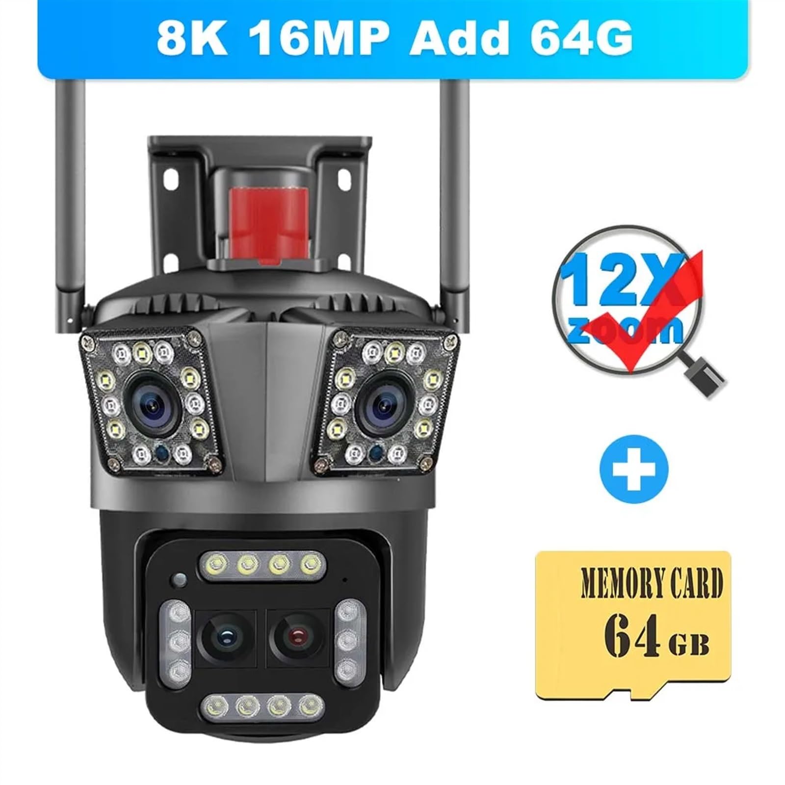 Cámara de seguridad para exteriores Cámara de 16MP 8K Zoom 12X, cámara PTZ for exteriores con cuatro lentes, protección seguridad, seguimiento Ai, IP 4K, cámaras vigilancia CCTV(8K 16MP Add 64G)