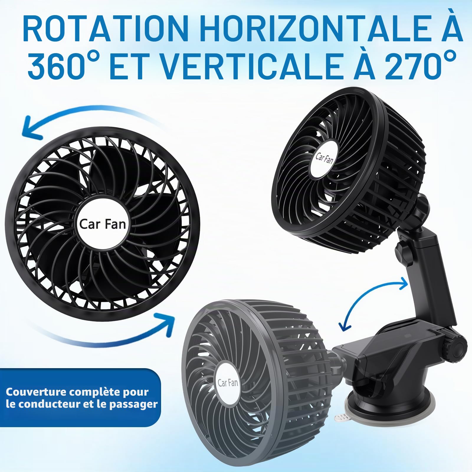 D-Lumina Ventilateur de voiture rotatif à 360°, montage sur allume-cigare, portable, silencieux, avec 2 vitesses réglables pour camions, bateaux, voitures, véhicules (ventouse), climatiseur d'air pour