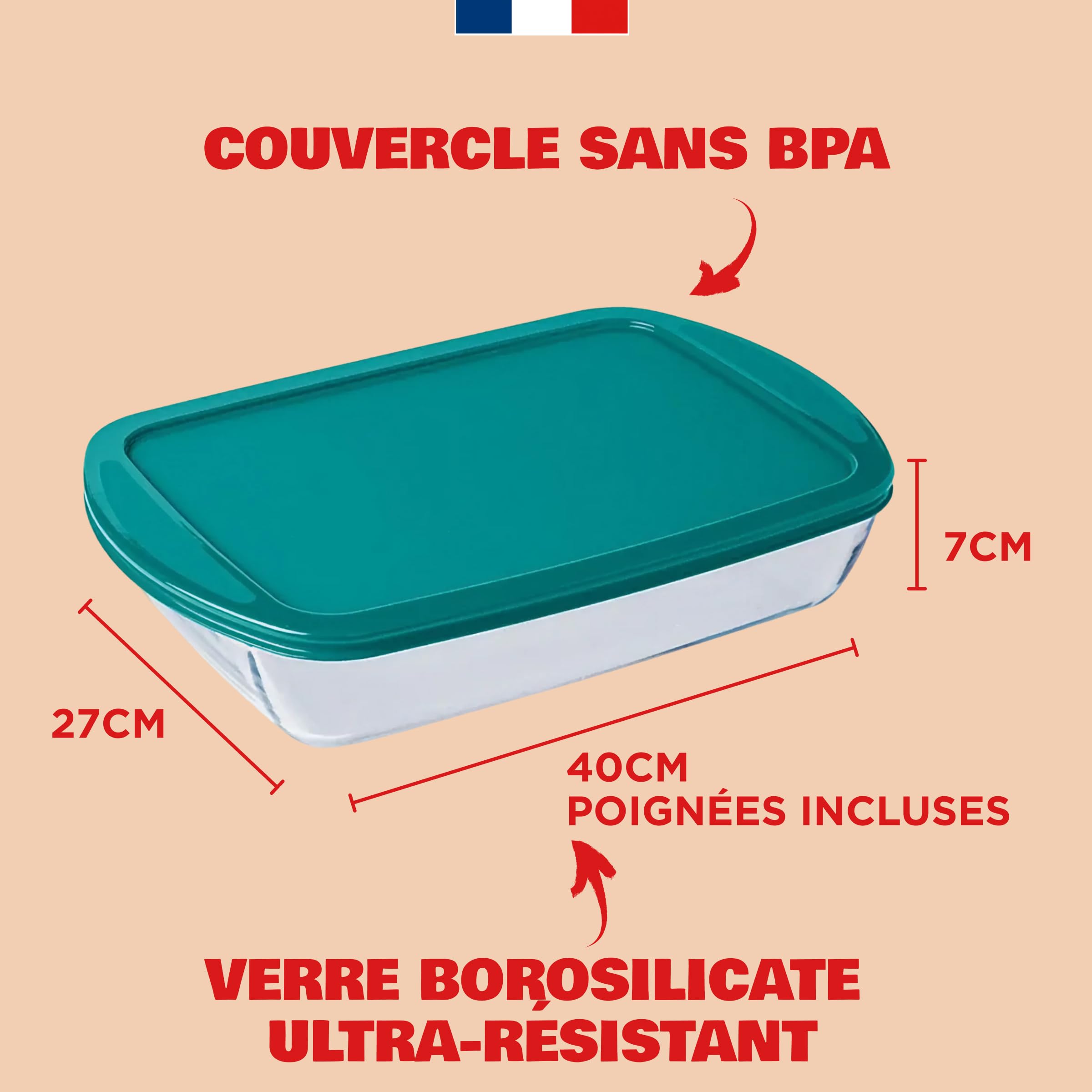 Pyrex - Plat à Four 40x27- Plat en Verre avec Couvercle Rectangulaire Vert - Profond et Empilable avec Poignées Pratiques 2 en 1 - Verre Borosilicate - Ustensile de Cuisine - Fontaines avec Poignées
