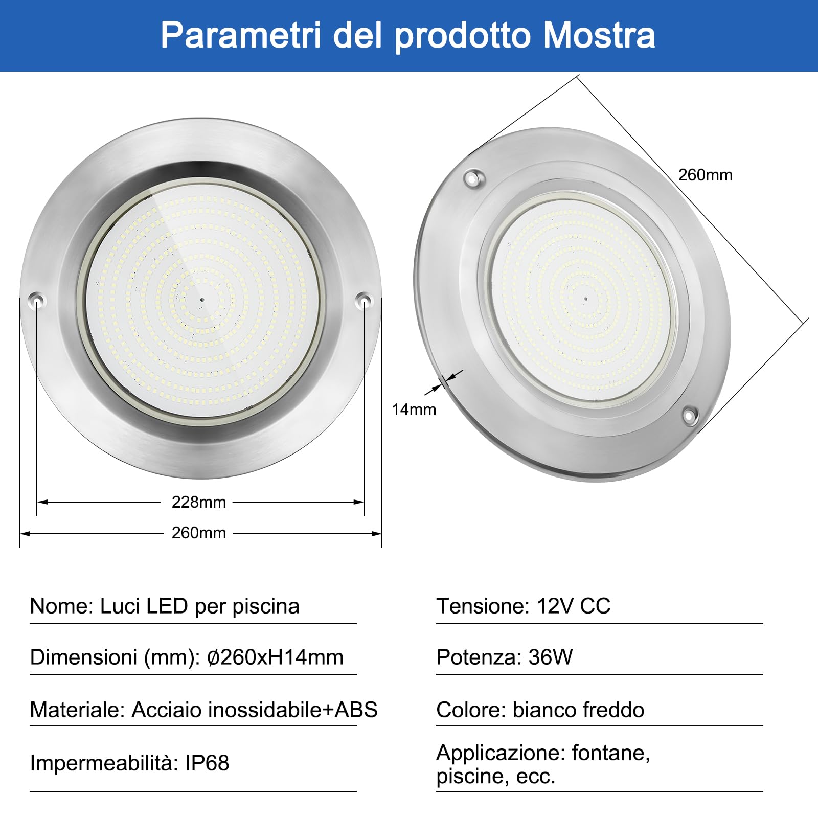 COOLWEST Luce Piscina LED Riempito di Resina, 36W Bianco Freddo Faretti LED Illuminazione ultrapiatta Acciaio inossidabile, Luci Piscina IP68 Impermeabile, 12V DC, 6000K, Montaggio Superficiale