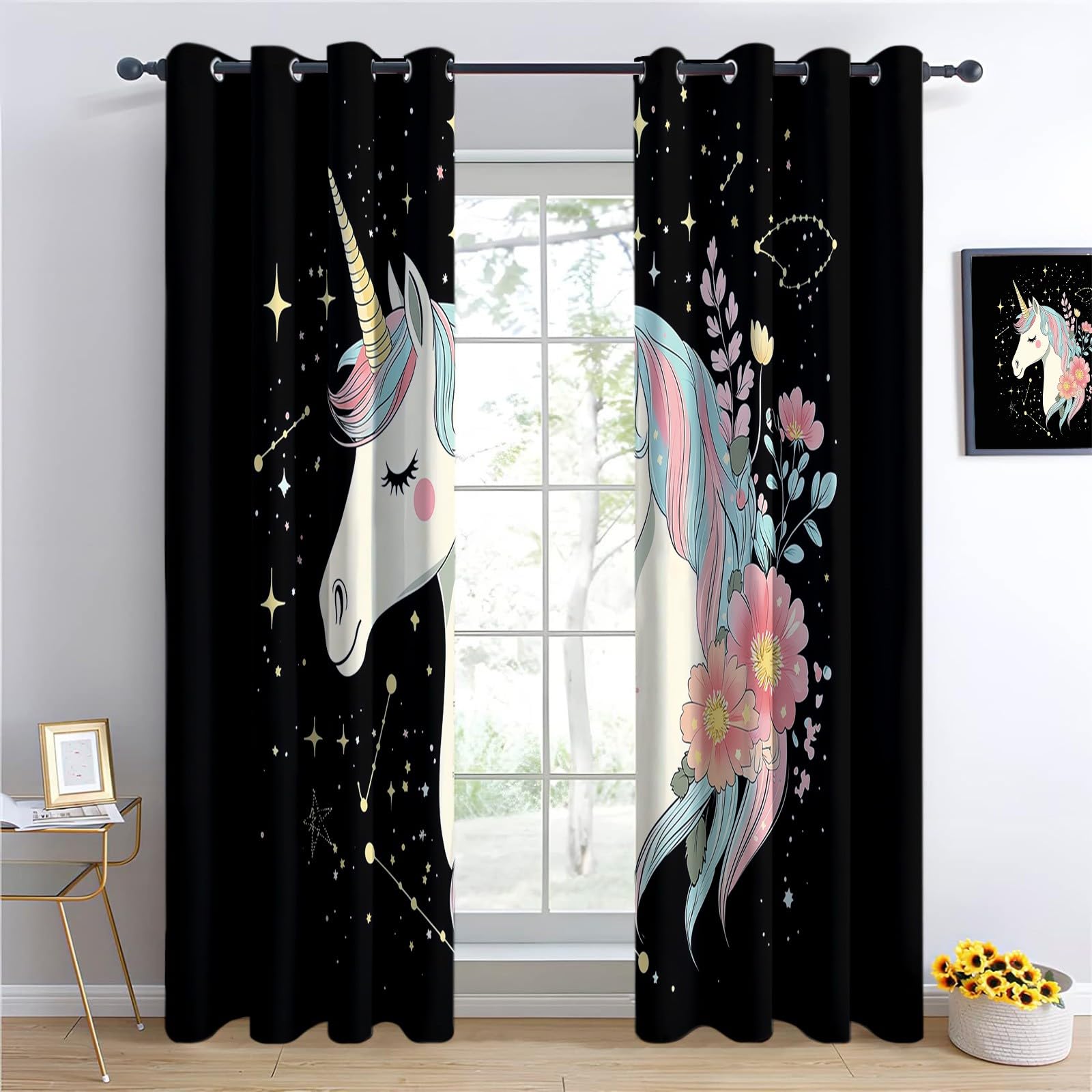 Lot de 2 Rideaux Occultants Enfant Licorne Floral Noir, Rideaux Thermiques à Œillets, Isolation et Décoration pour Salon et Chambre, L140 x H175 cm