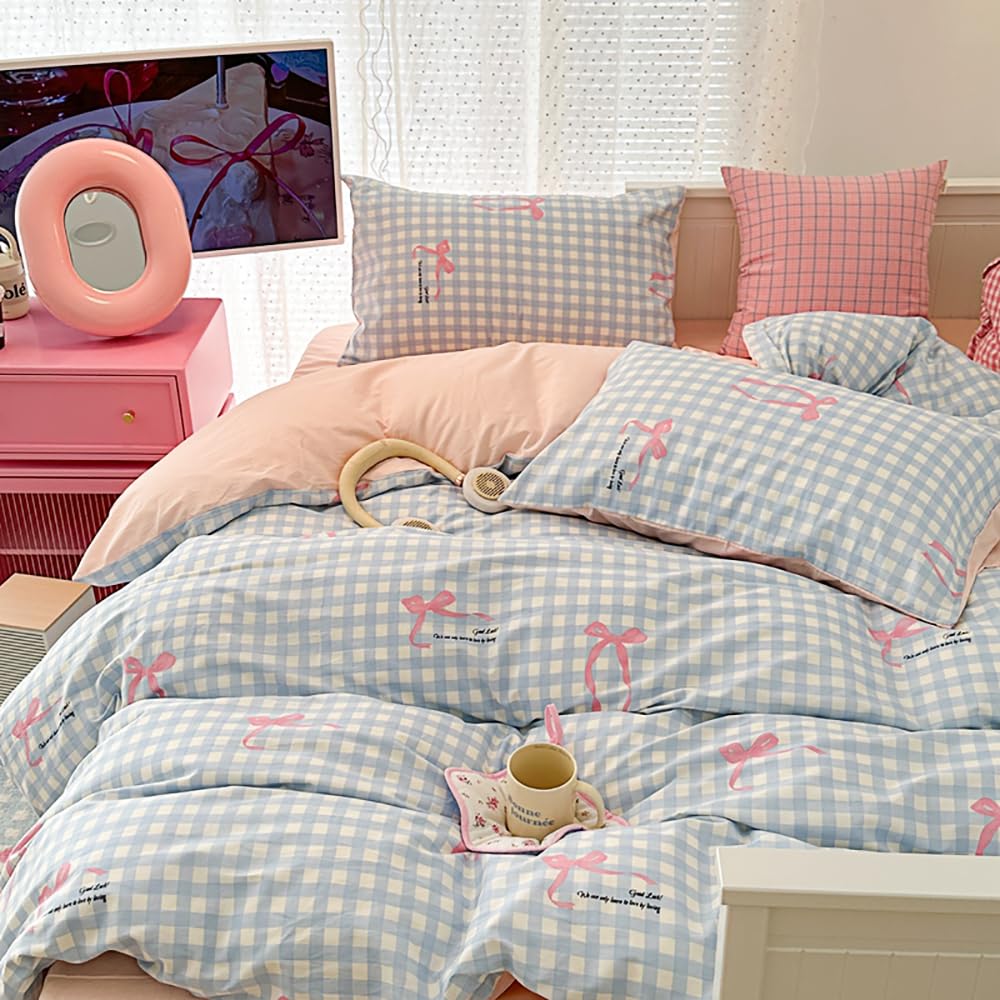 Bettwäsche 135x200 Blau Kariert Schleifen Bettbezug + Kissenbezug 80x80 | Bettwäsche Set, 2 Teilig, Mädchen, Kawaii, Blau Weiß Karo, Rosa Schleifen, Schleifenmuster, Weich, Microfaser, Reißverschluss
