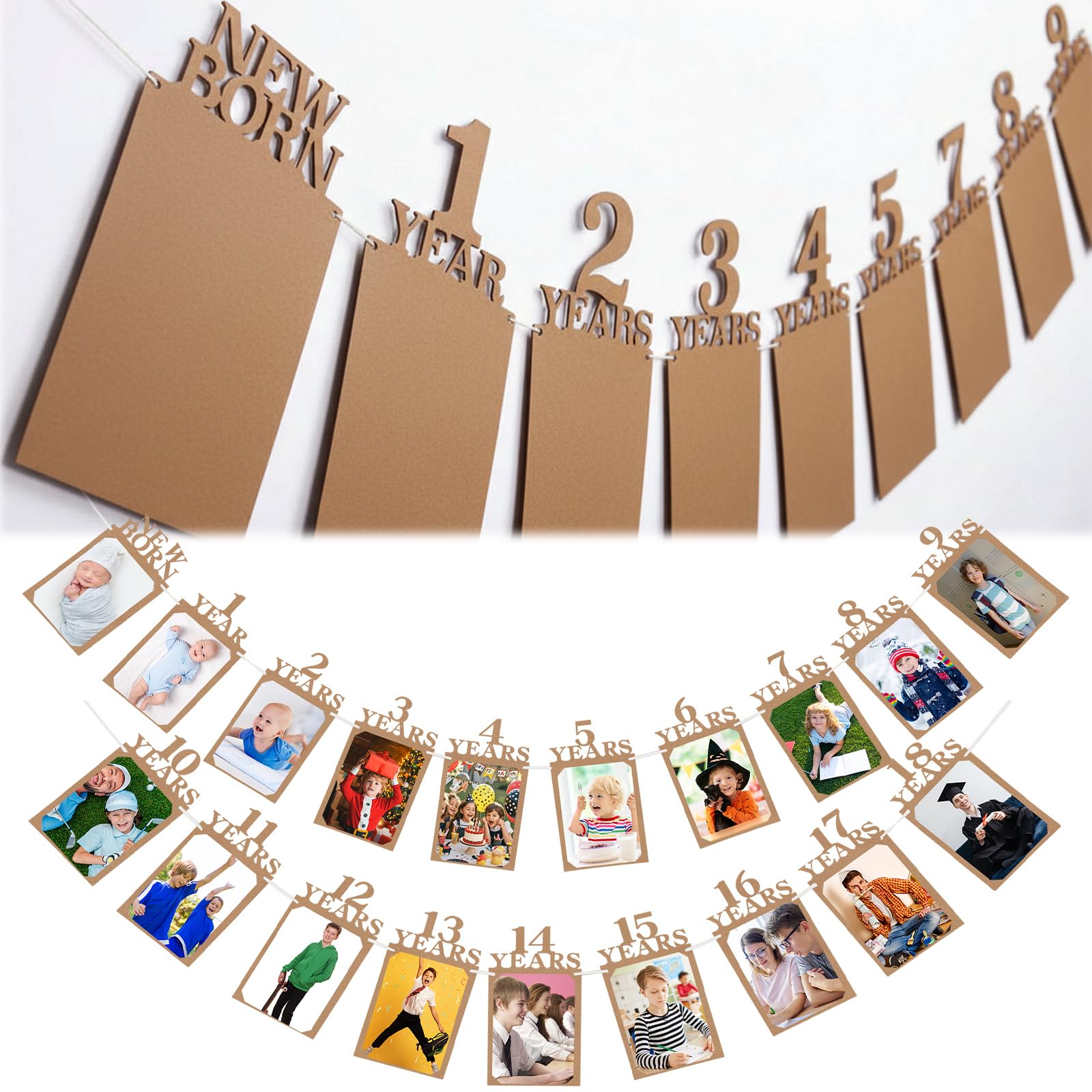 Breling 18th Happy Birthday Photo Banner Newborn to 18th Age Photo Banner Decorations 16th Party Picture Frame Garland Display Party Supplies(18 Years,Kraft) โ image 1