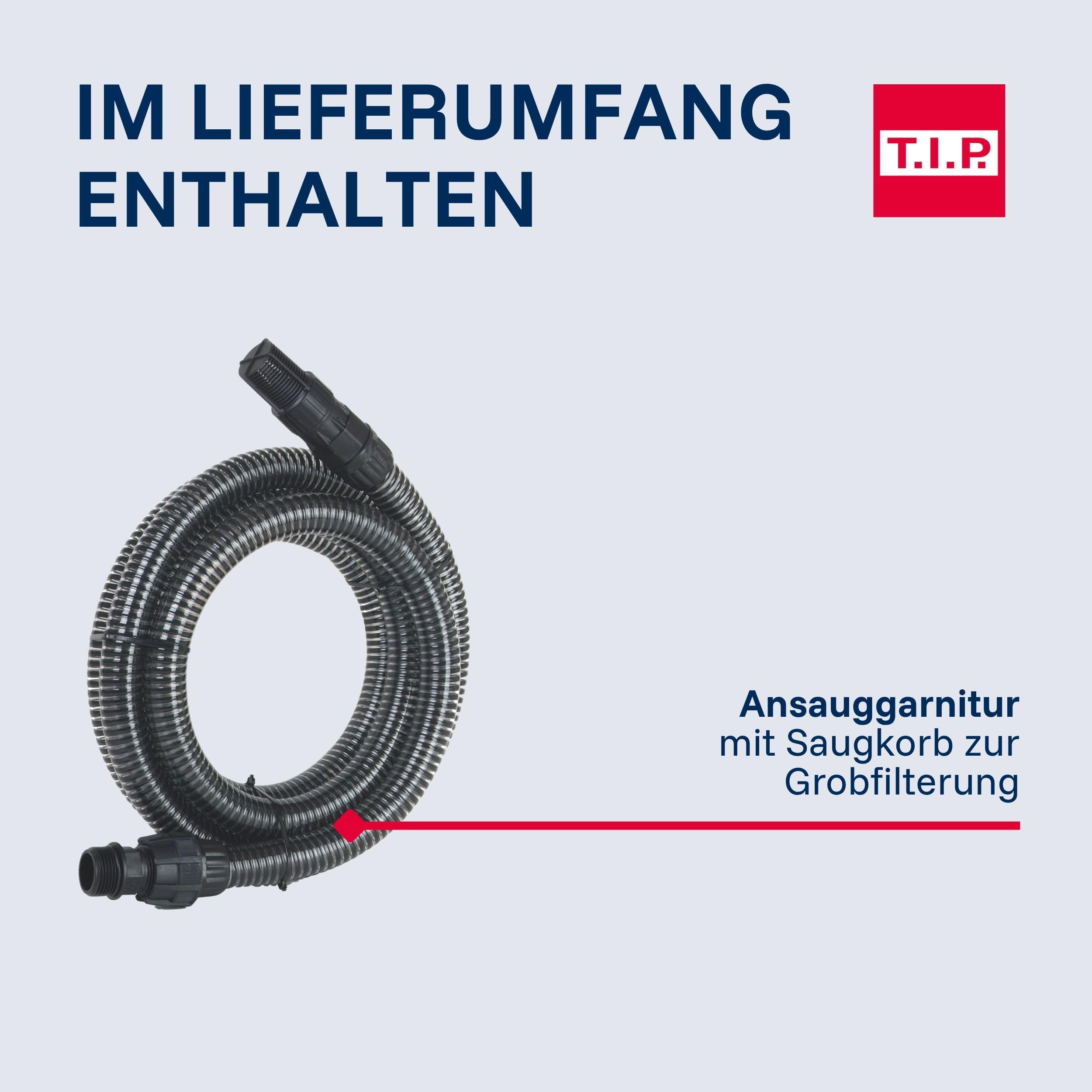 T.I.P. Gartenpumpe Edelstahl mit Ansauggarnitur- 3.300 l/h & 4,6 bar | Clean Jet 1000 Plus 46 m Förderhöhe Jet-Pumpe inklusive 4m Ansauggarnitur, ideal zur Gartenbewässerung und Entwässerung
