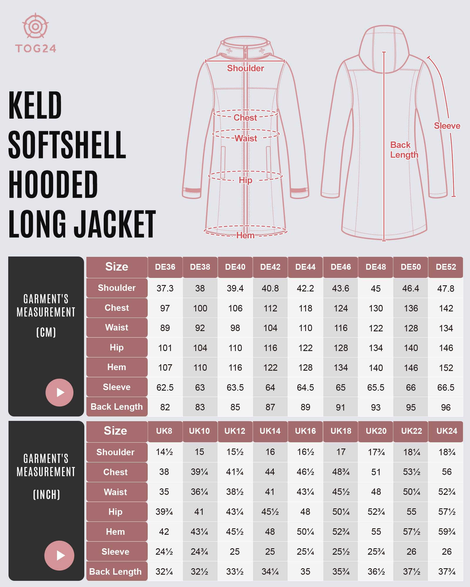 TOG24 Keld Damen Softshelljacke mit Kapuze Wasserabweisend Outdoor Lang Übergangsjacke Fleece Gefütterte Wanderjacke Atmungsaktiv Winterjacke Outdoorjacke