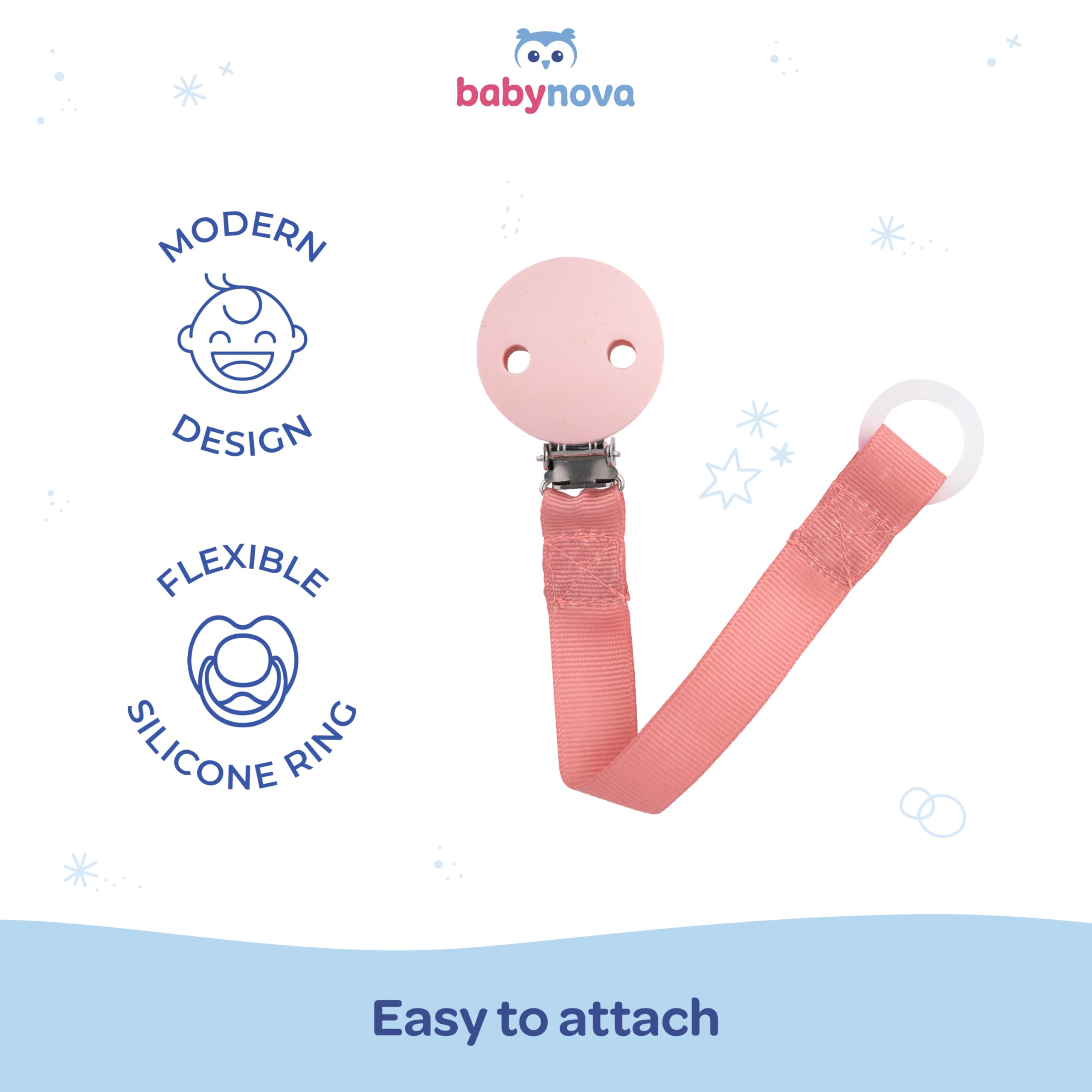 babynova Dummy Chain with Fabric Strap, Clip and Silicone Ring, Soother Holder for Baby, Fits Any Pacifier, Stroller Acessory - Image 3