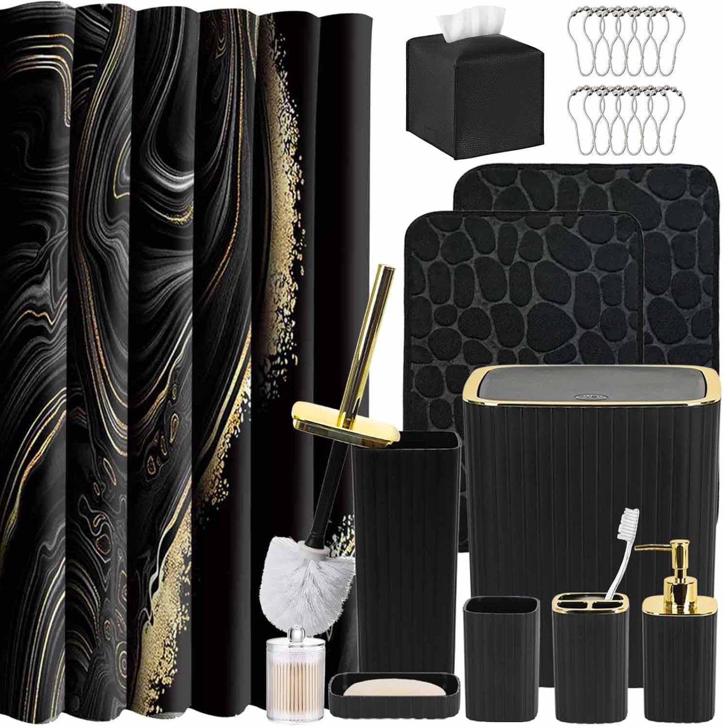 Bathroom Accessory Set with Shower Curtain and Rugs 23Pcs, Black Bathroom Set - Trash Can, Soap Dispenser, Soap Dish, Toilet Brush, Toothbrush Holder, Toothbrush Cup, Tissue Box, Q-tip Holders