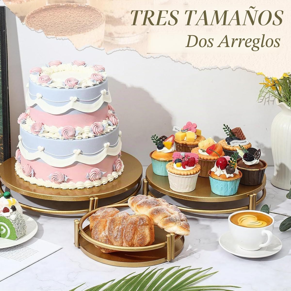 Soporte dorado para tartas, 3 soportes de metal para postres, cupcakes, para fiestas, galletas, postres, bandeja de bandeja para bodas, baby shower, fiesta de té