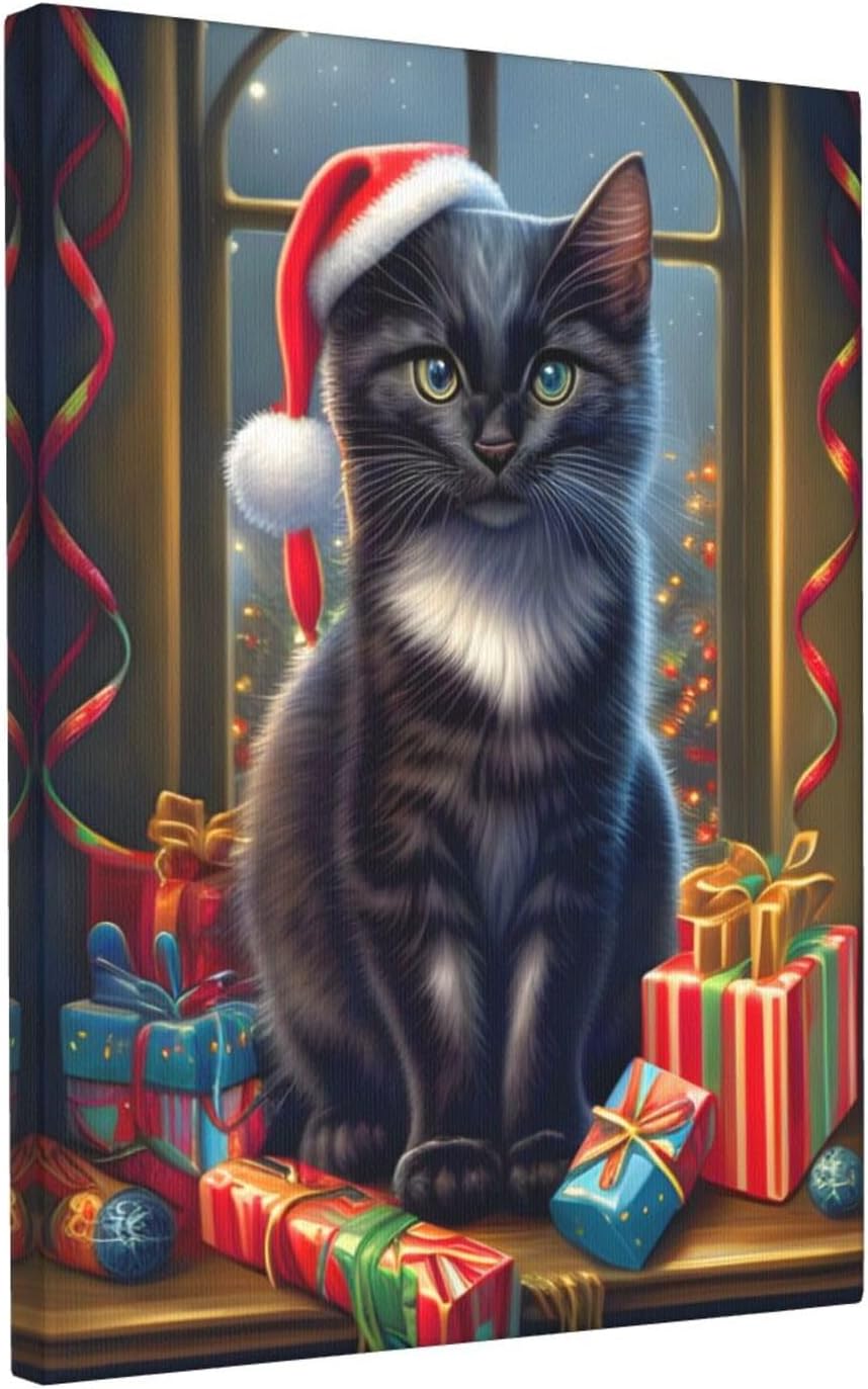 Black Cat With Santa Hat Canvas Wall Art,Christmas Cat Gift