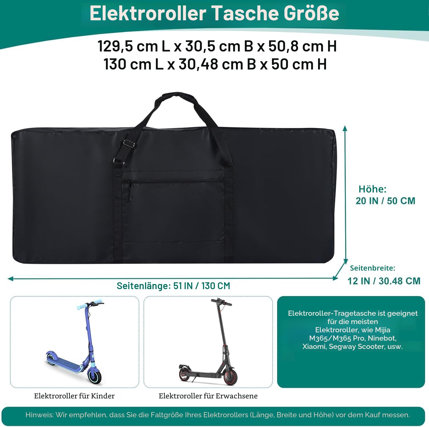 Scooter Tasche,Verbessert 900D Oxford Tasche für E-Scooter Wasserdicht，Universell E Roller mit Starkem Gurtband FüR,E Scooter Zubehör，130cm L x30.48cm Wx50cm H