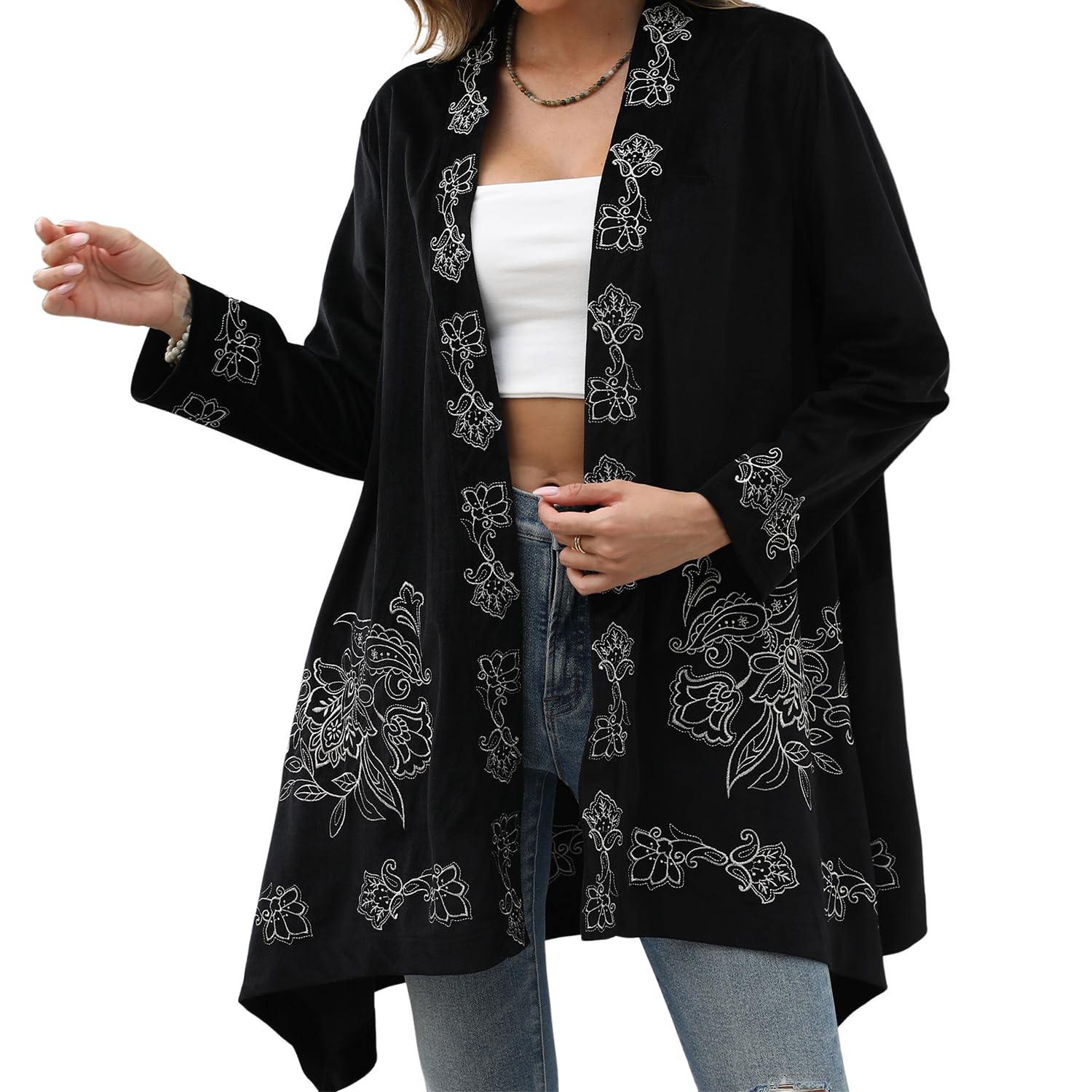 Vakakado Bestickter Kimono Cardigan Damen Langer Ärmel Leichter Boho Sommer Überwurf mit Blumenstickerei Ethno Strand Cardigan