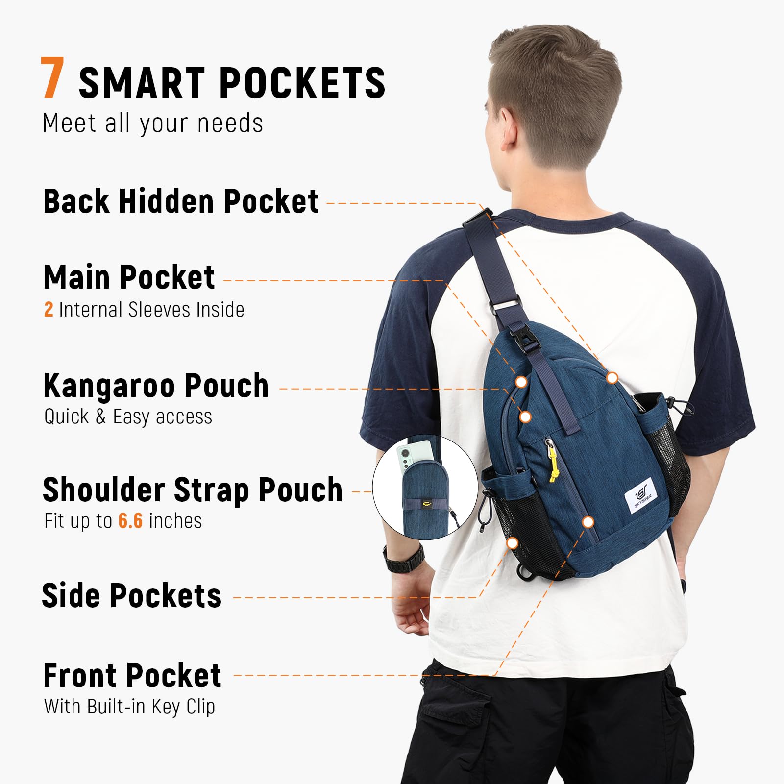 SKYSPER Zaino Monospalla da uomo Borsa a tracolla Anti-furto Tracolla Borsa Casual Sport Sling Bag Crossbody Trekking Viaggio