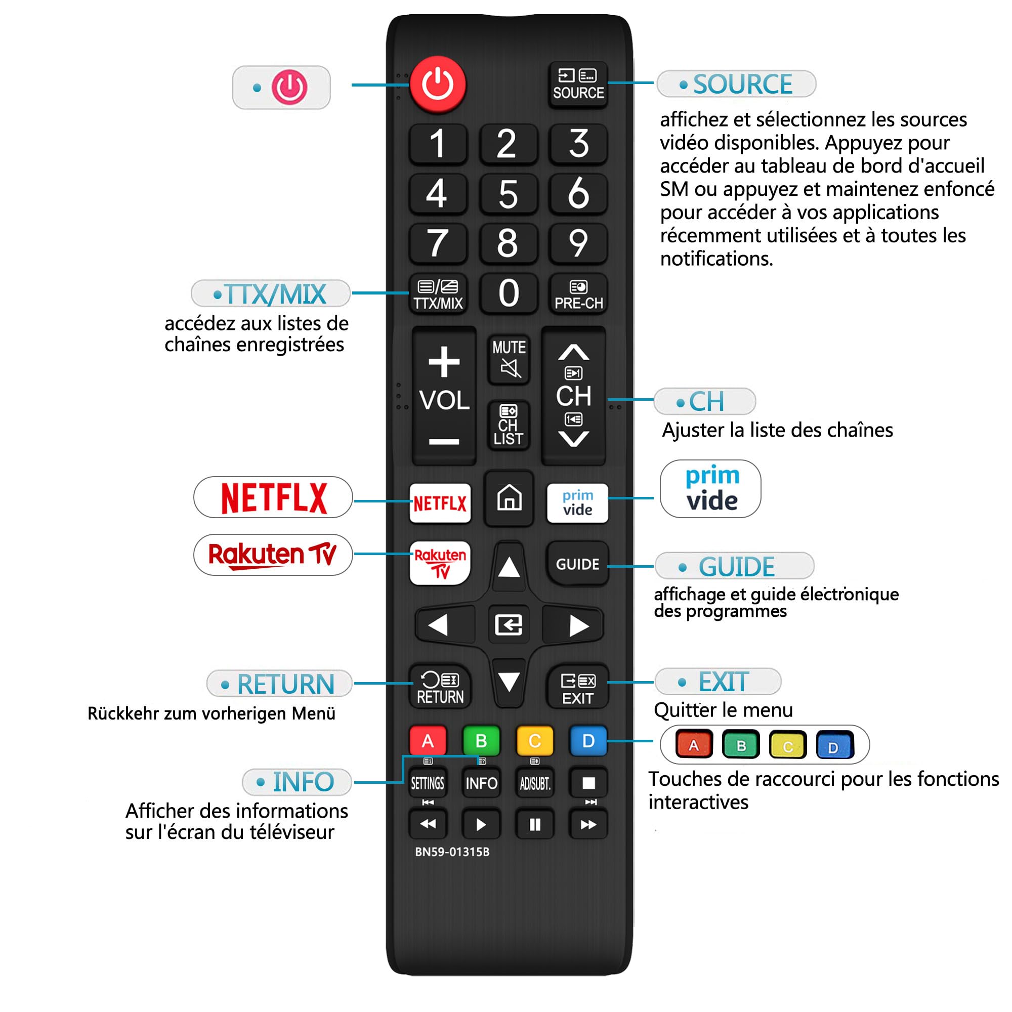 Télécommande Samsung BN59-01315B pour Smart TV