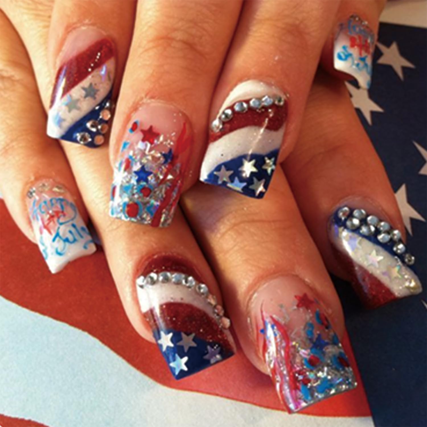 4th of July Press on Nails Short Square Fake Nails Independence Day False Nails With White Blue Stripe Star Rhinestones Designs Full Cover Stick on
