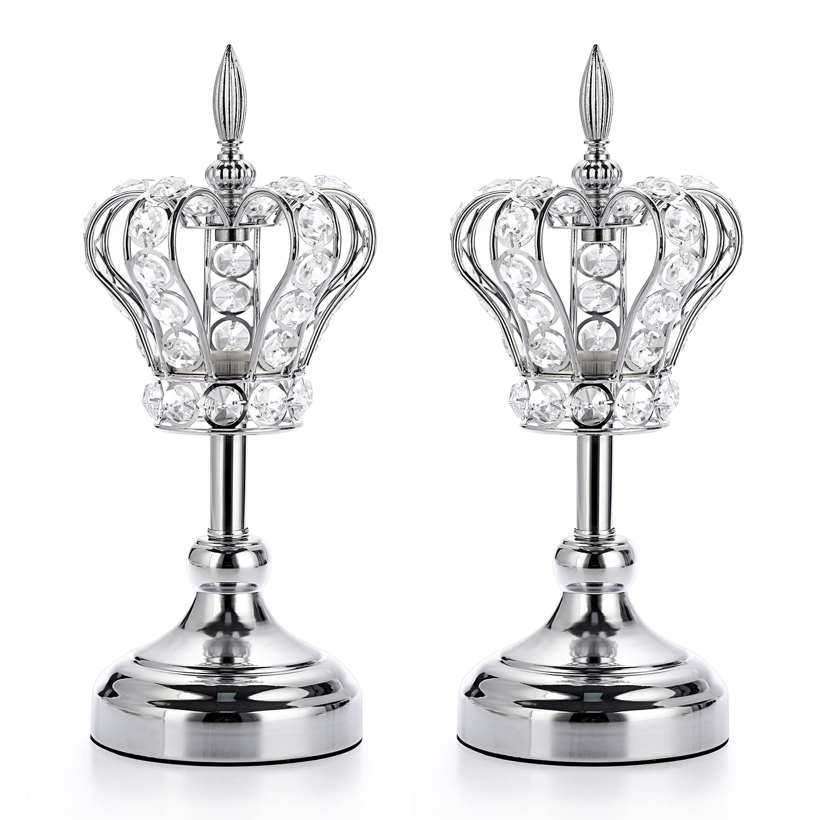 OwnMy 2PCS Crystal Crown Candlestick Holders Tea Light Holders Metal Tealight Candelabras, Silver Crystal Votive Candlesticks Set Elegant Candle Stick Holder Candle Centerpiece for Dining Table, 12"H