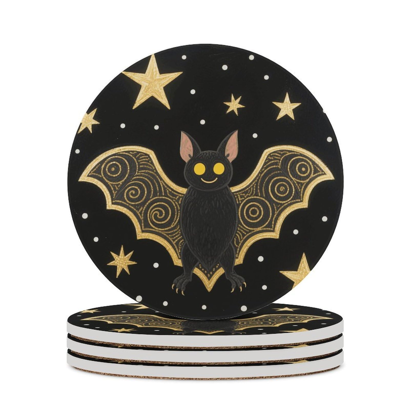 Black Gloden Bat Coaster with Cork Base Drink Coasters for Coffee Table Decor Modern Cup Coasters with Non-Slip & Heat-Resistant Cute Ceramic Table Coaster for Home Dining