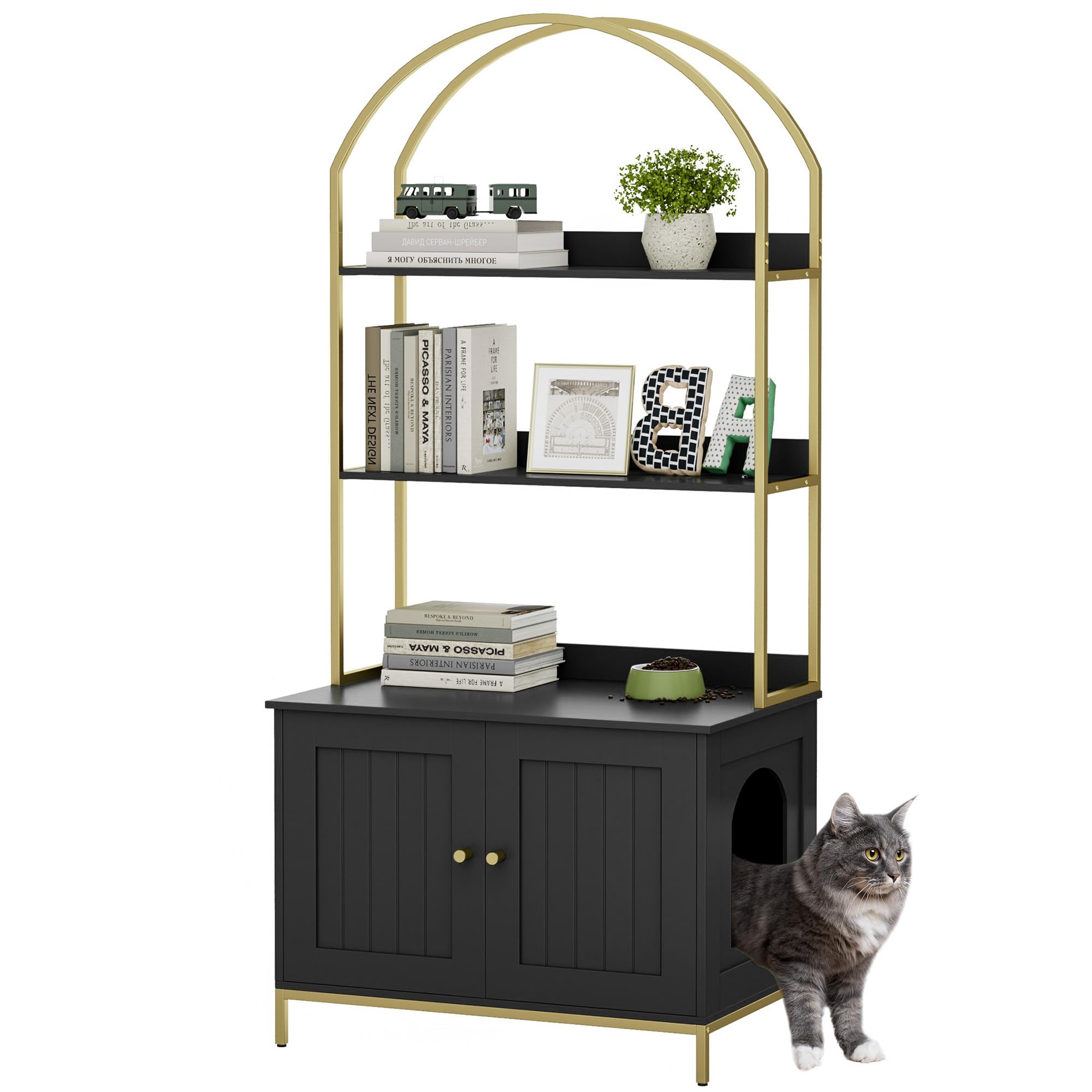 Homhedy Cat Litter Box Enclosure, Litter Box Furniture Hidden with 2-Tier Storage Shelves, Wooden Cat Washroom Furniture with Metal Frame, Modern Style, Black and Gold