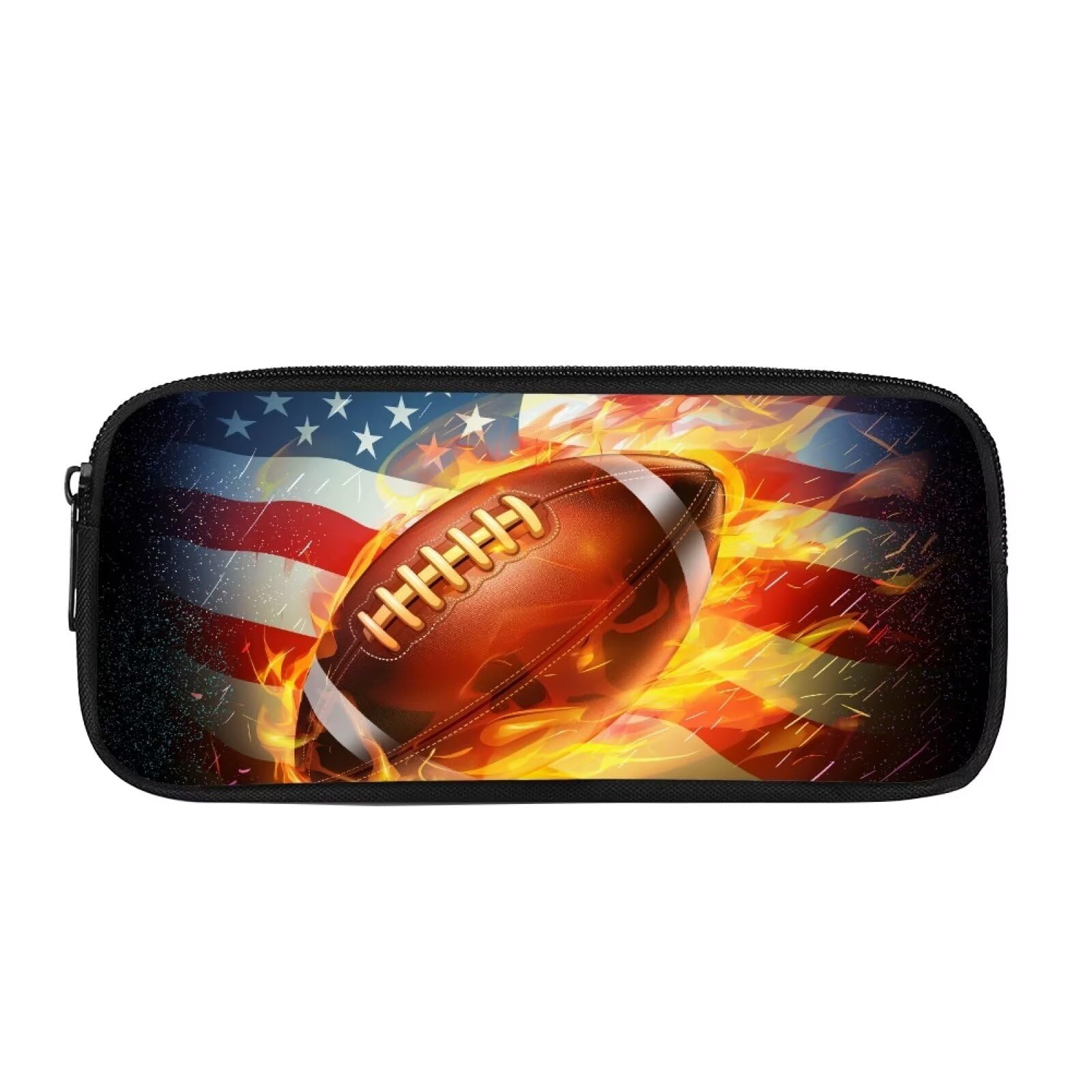 COEQINE Pencil Cases for Teenage Boys 8-12 Ages American Flag Fire Rugby Ball Pencil Pen Case Holder for Kids,Patriotic Bag for Kids Adult,4TH July