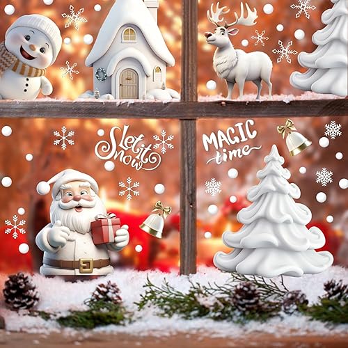 Miniatura 7 de Adhesivos de ventana de Navidad, calcomanías de ventana de Navidad 3D, color blanco, de doble cara para decoración de ventanas de Navidad (8 hojas)