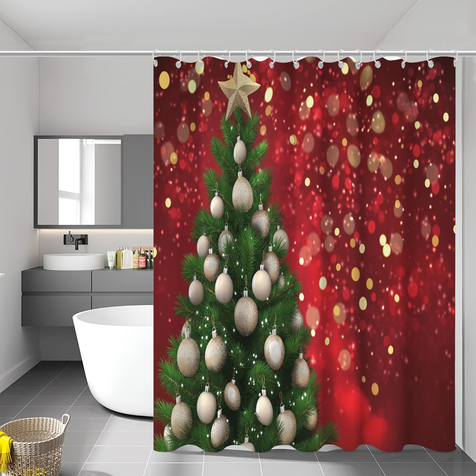 Rideau de douche sapin de Noël rouge bourgogne imperméable 180x180cm avec crochets