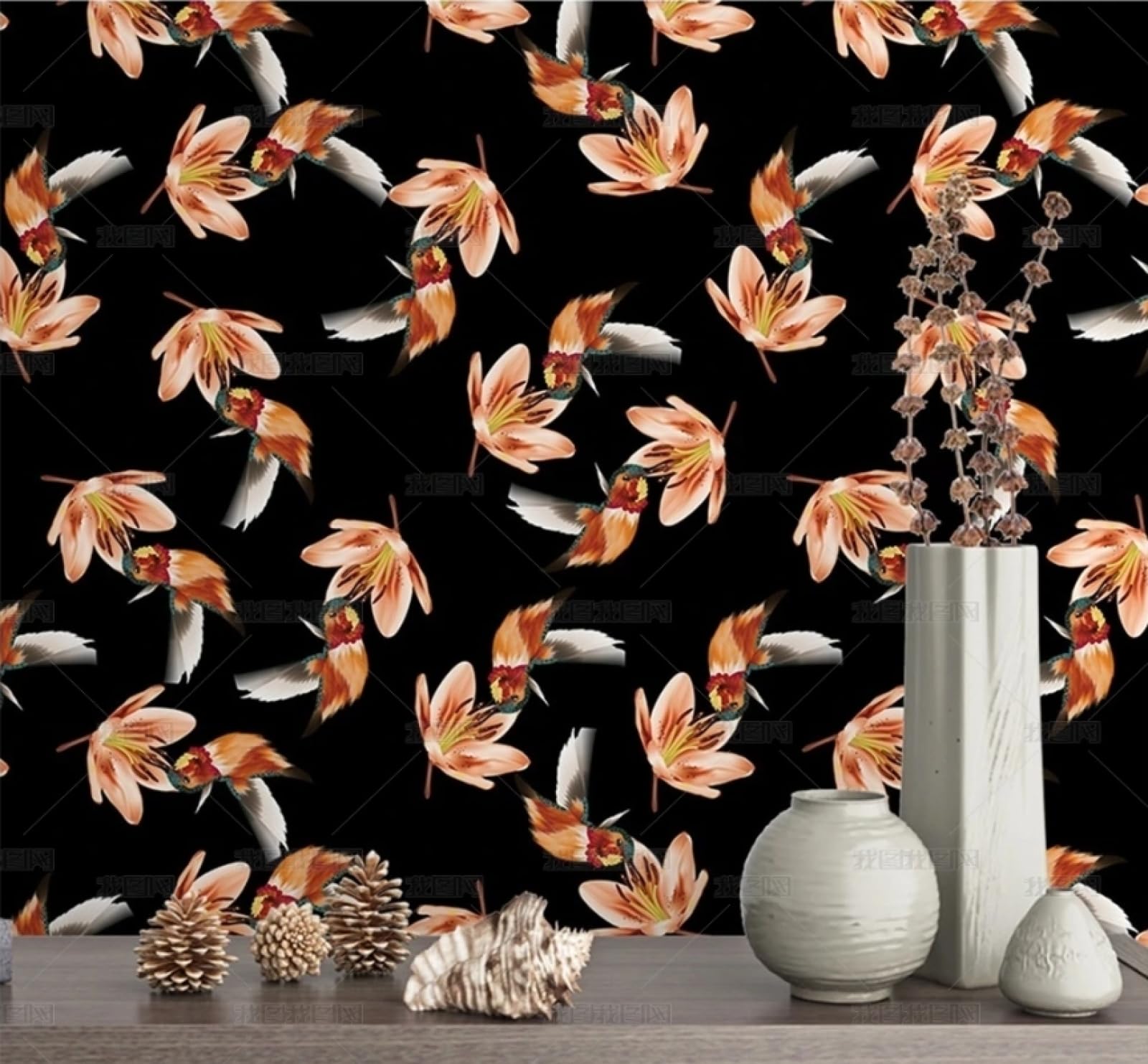 Papier peint autocollant fleurs oiseaux noirs pour masquer les imperfections des vieux meubles