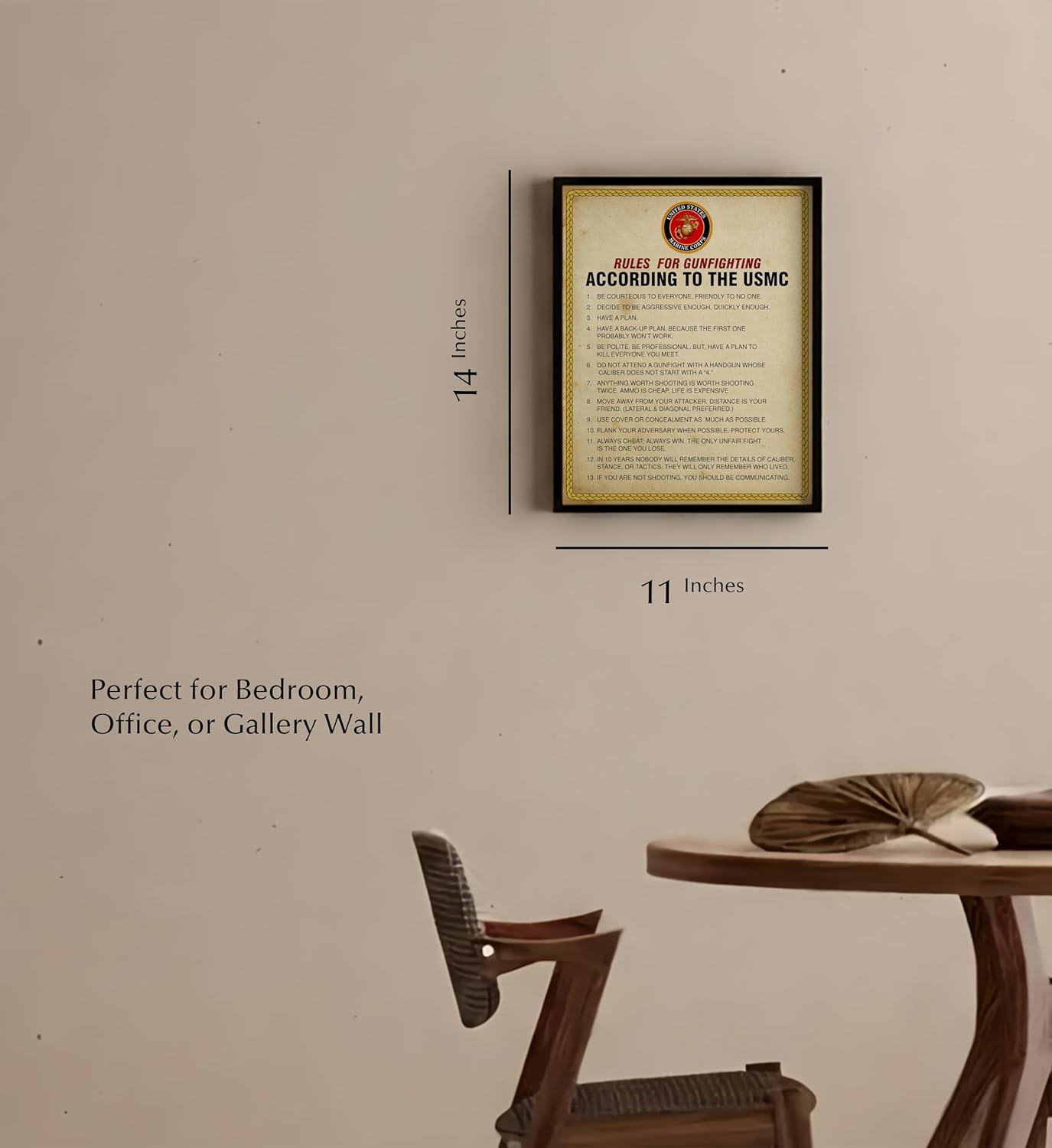 Rules For Gun Fighting - Wall Decor Print, Patriotic Military Wall Art, Veterans Office Decor, Home & Classroom Decor (Brown Framed, 8 x 10 inches)