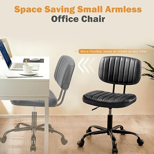 Miniatura 6 de Simple Deluxe Silla de oficina pequeña, silla de escritorio sin brazos con ruedas, de piel sintética, cómoda para computadora, giratoria, sin brazos