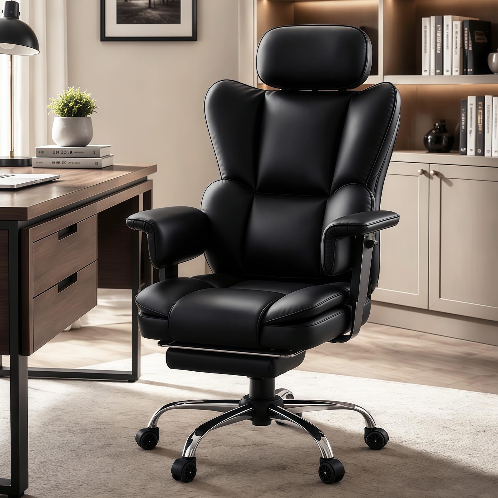 Silla Oficina Ejecutiva,Respaldo Alto En Cuero PU Giratoria con Reposa-pies,Diseño Ergonómico Reclinable con Soporte Lumbar Y Reposabrazos Ajustables para Hogar O Gaming (Negro)