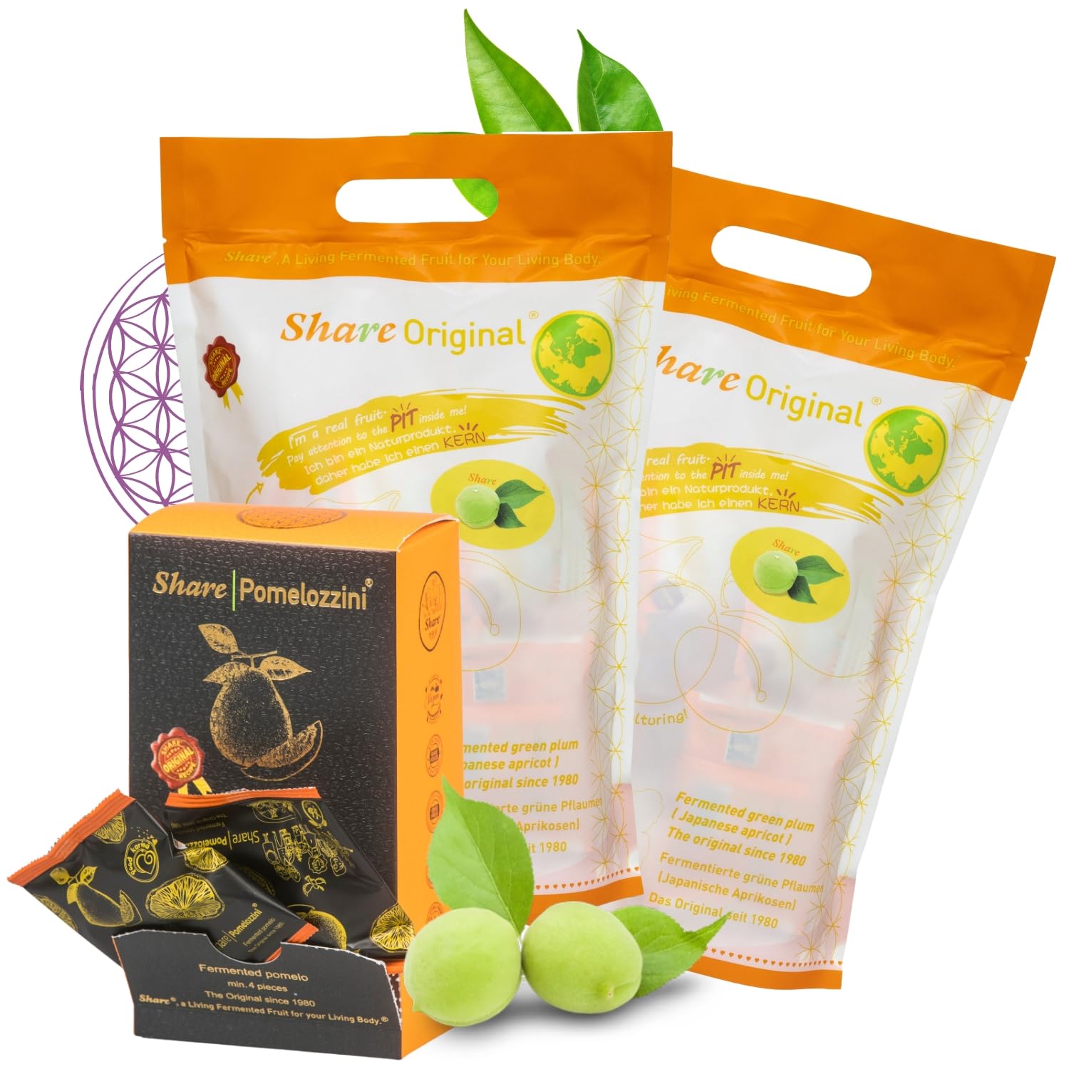 ShareSwiss Fermented Trio – 2× Share Original 1.1 lb Fermented Green Plum (Japanese Apricot) & Pomelozzini Starter Box (30+ Month Fermented Pomelo, 32 g) | Naturally Crafted, Vegan Premium Set