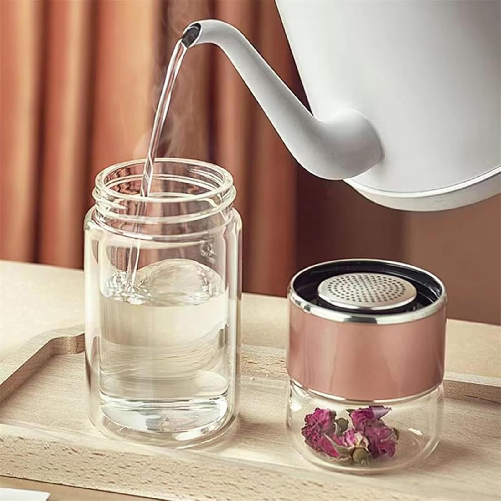 Botella infusora de té de vidrio de doble capa, máquina de té 3 en 1 de hojas sueltas y empinadora para preparar té suelto de 350 ml