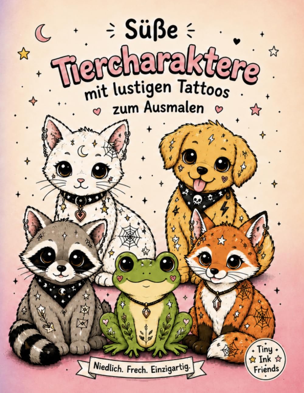 Süße Tiercharaktere mit lustigen Tattoos zum Ausmalen