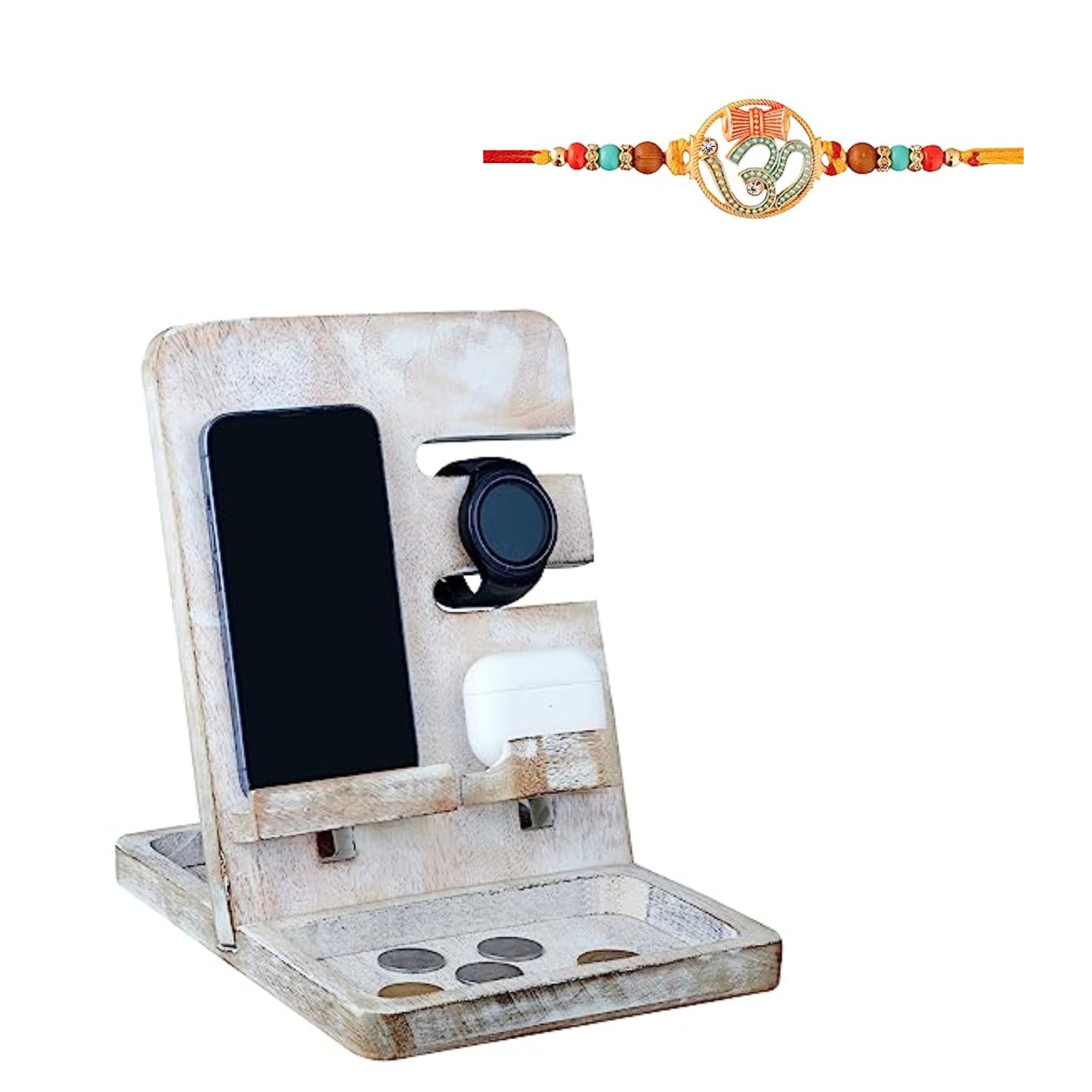 Photo 1 of Eximious India Rakhi for Brother with Gift and Greeting Card Designer Om Rakhi with Mobile Docking Station for Desk Organizer MB01 (White)