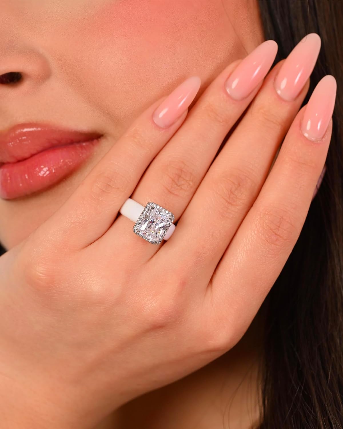 Rinfit Silicone Ring with CZ Stone - Emerald Cut Halo Cubic Zirconia Ring for Women - Rubber Wedding Band - Patented Design
