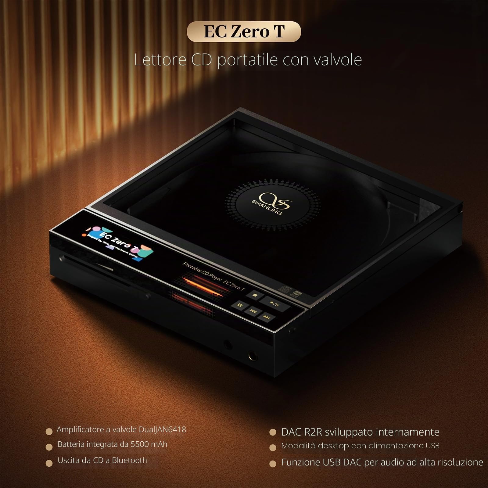 Shanling EC ZeroT lettore CD HiFi portatile, R2R DAC+JAN6418 Tubes, 768kHz/32bit, DSD512, supporto HD Bluetooth, uscite 3.5/4.4mm/coassiale/LINE, CD rippaggio, batteria