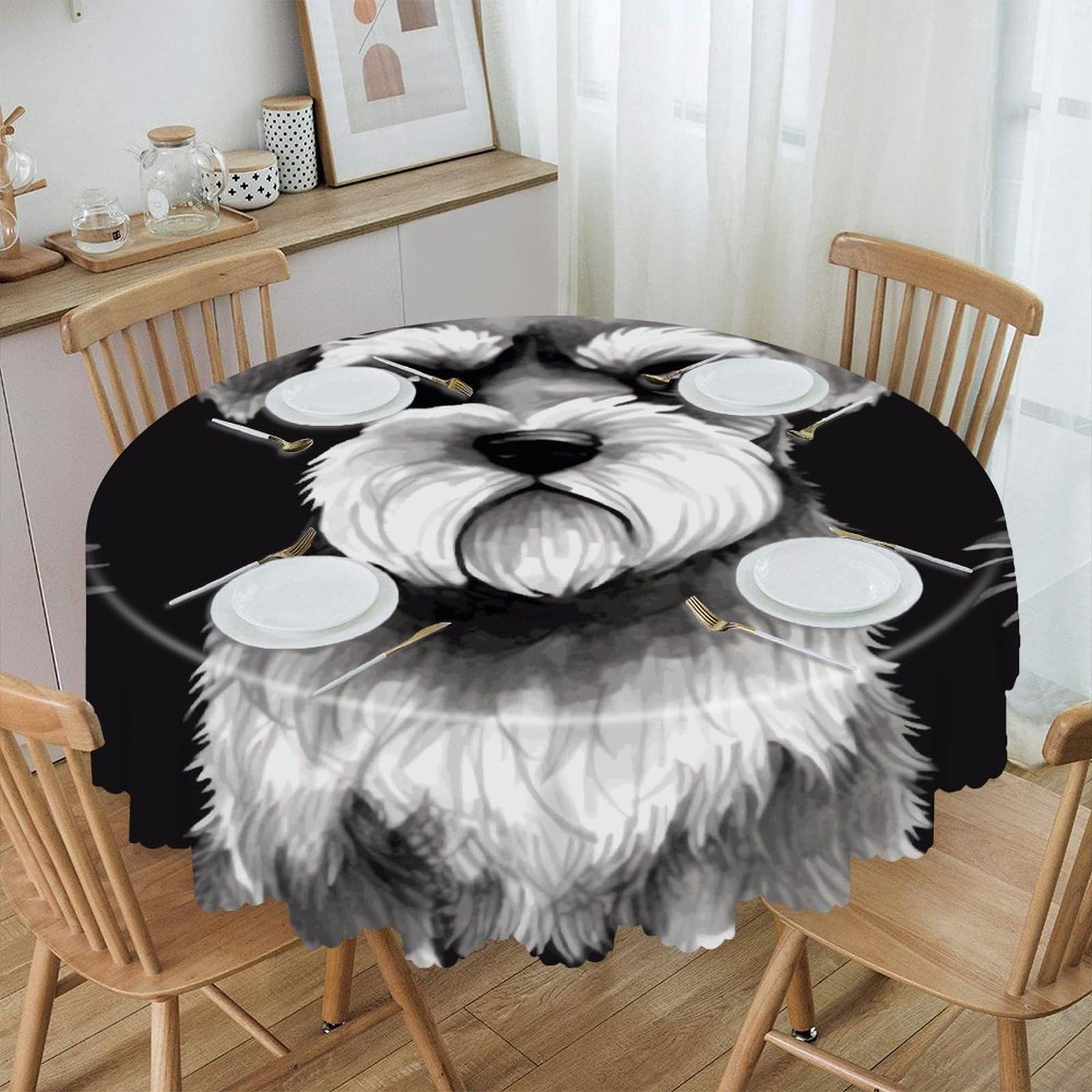 MUSM Schnauzer Table Cloths Round Wrinkle Resistant Tablecloths Washable Polyester Table Cover Waterproof Decorative Washable Rustic Circle Tablecover for Kitchen Dining