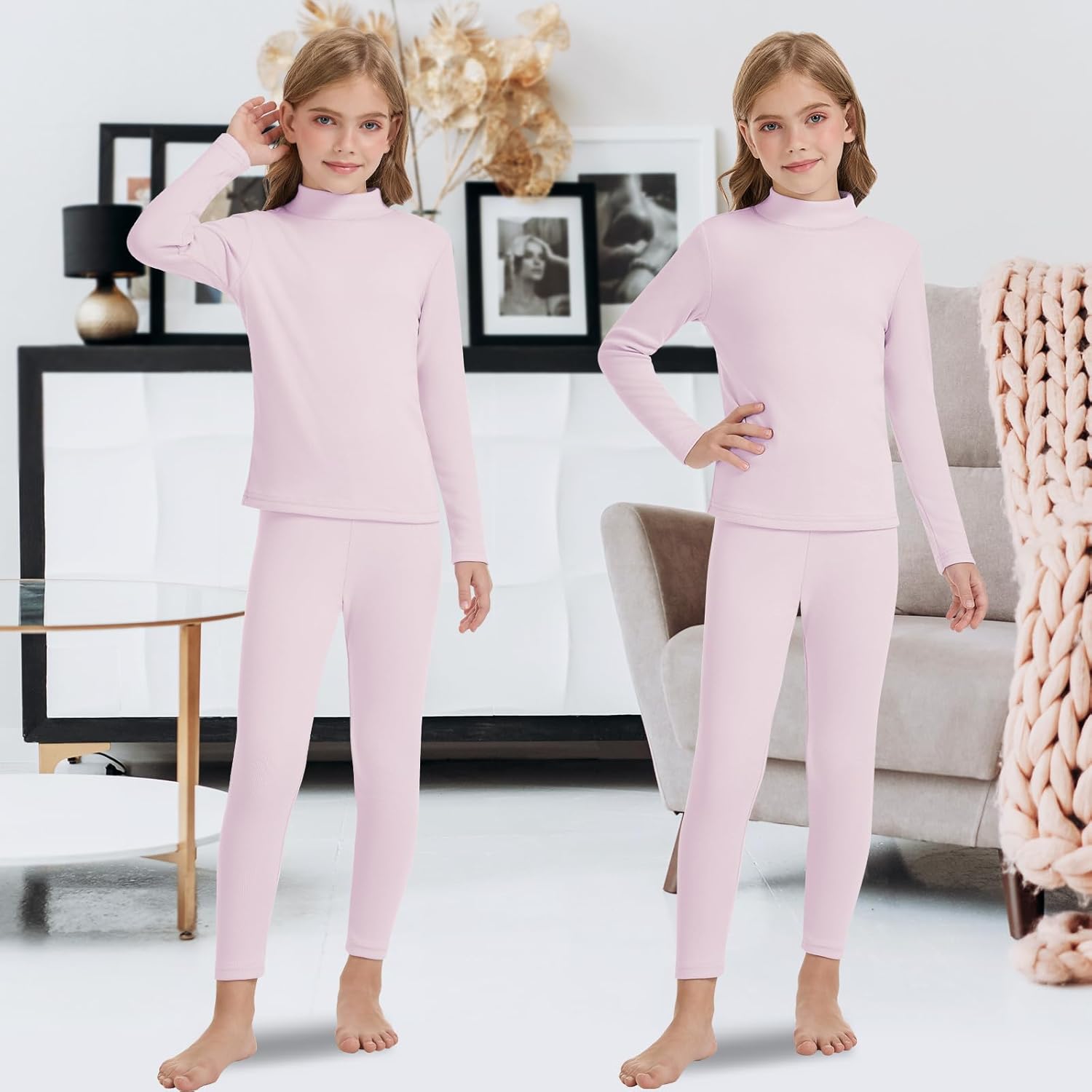 WOWENY Unisex Kids Thermal Underwear Fleece Lined Long Johns Set Winter Base Layer for Skiing Top Bottom Warm Set Boys Girls - Image 5