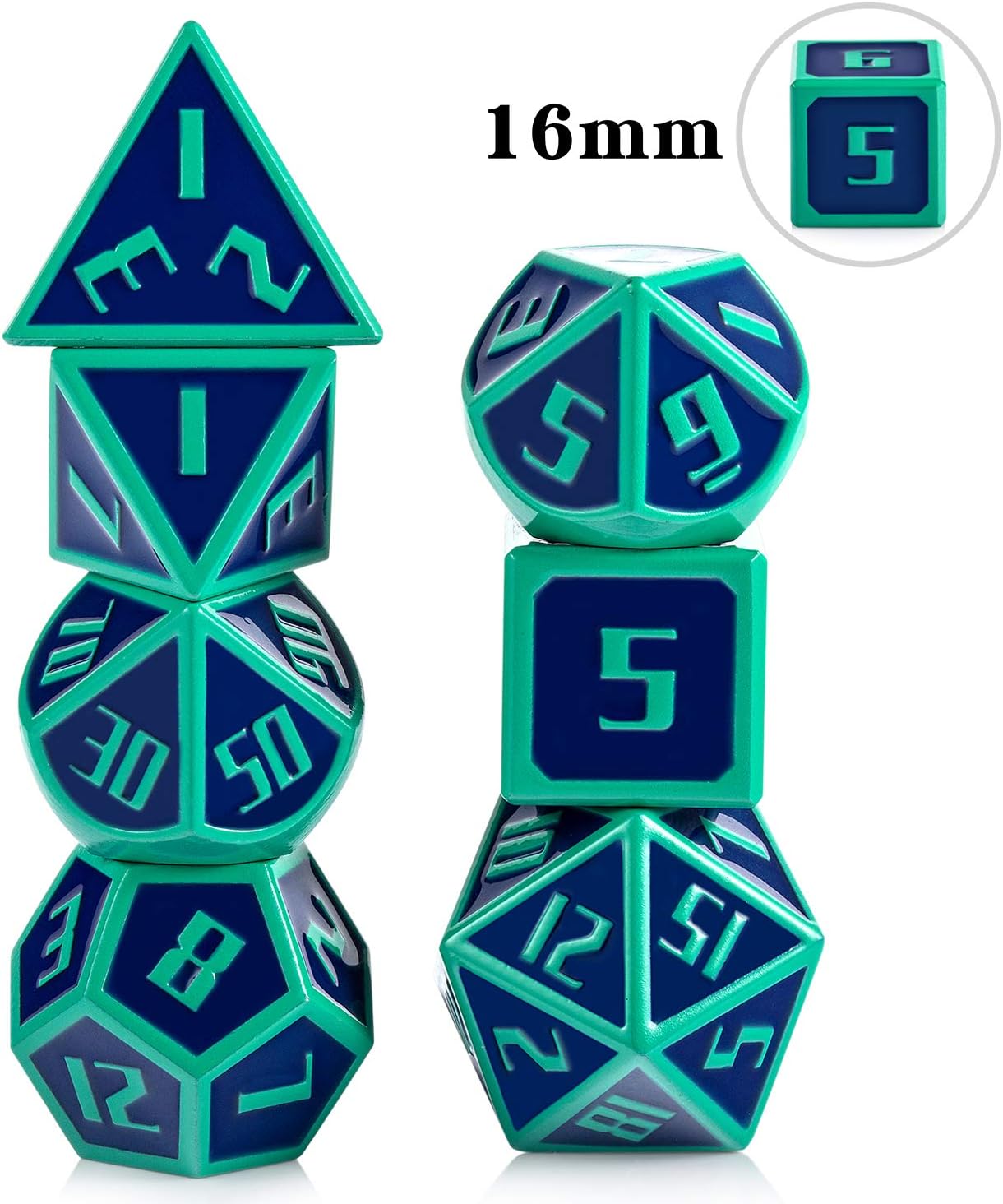 DND Metal Dice Blue&Green 16mm Polyhedral D&D Dice with Metal Case and Velvet Bag for Playing Tabletop Roleplay Games Dungeons and Dragons by ALLCOLORED