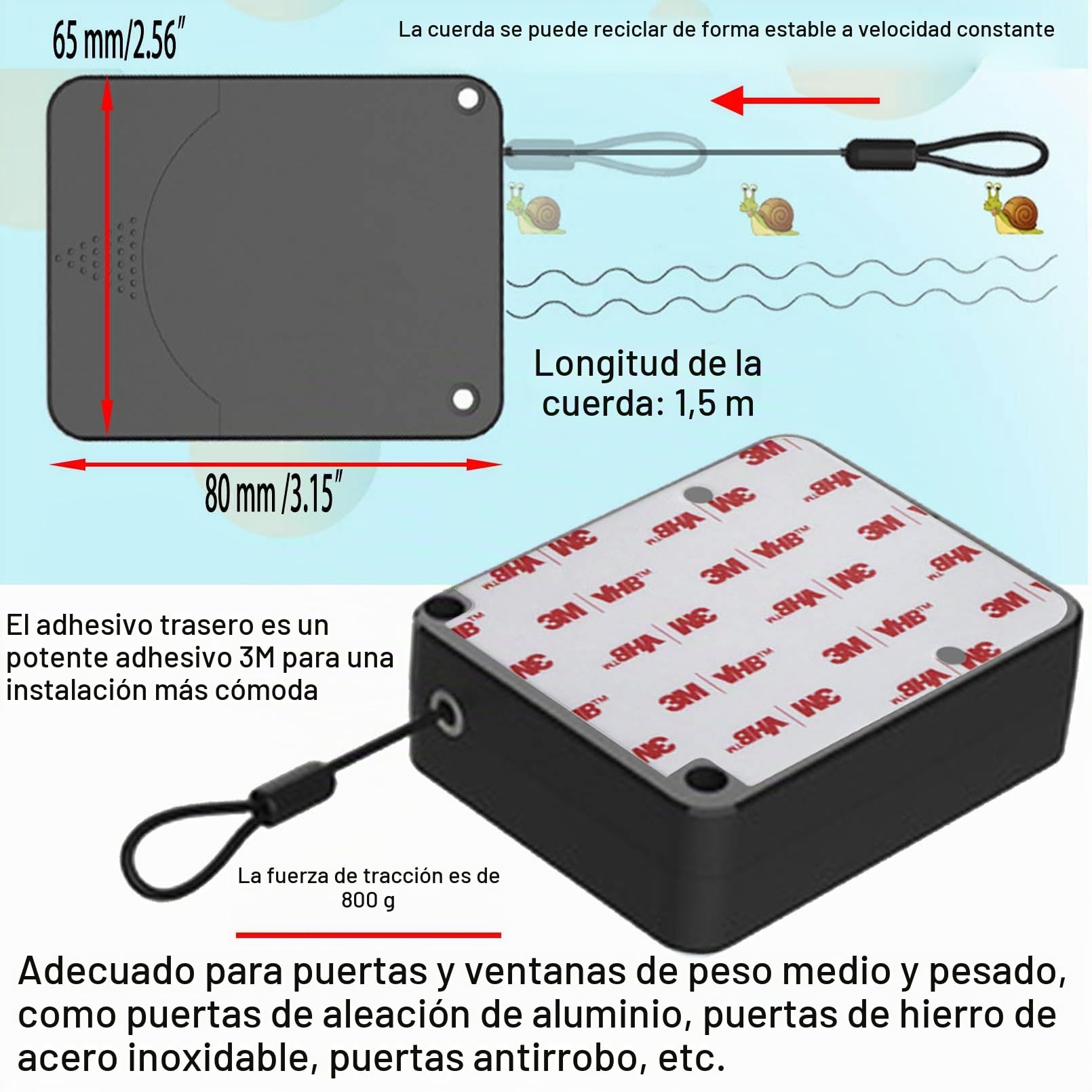 Cierrapuertas Automático con amortiguador, Cierre de Puerta Automático sin Taladrar, Con 1.5m Cuerda de Alambre, para Casa Utilizar Todo Tipo de Puertas Ligero, con 1 Tope de Puerta (Tracción de 800G)