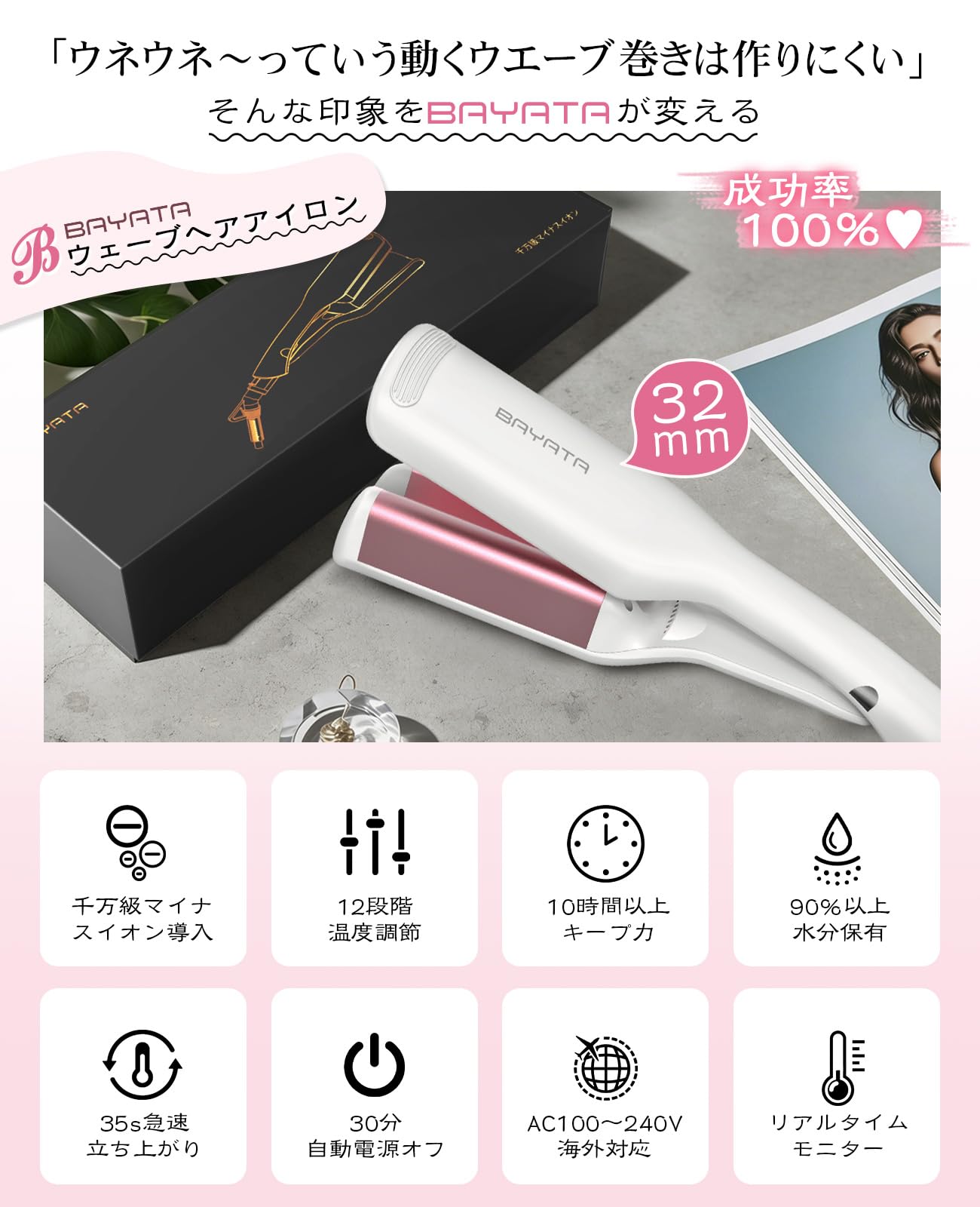 Amazon | BAYATA ウェーブアイロン コテ ワッフルアイロン 32mm ヘア