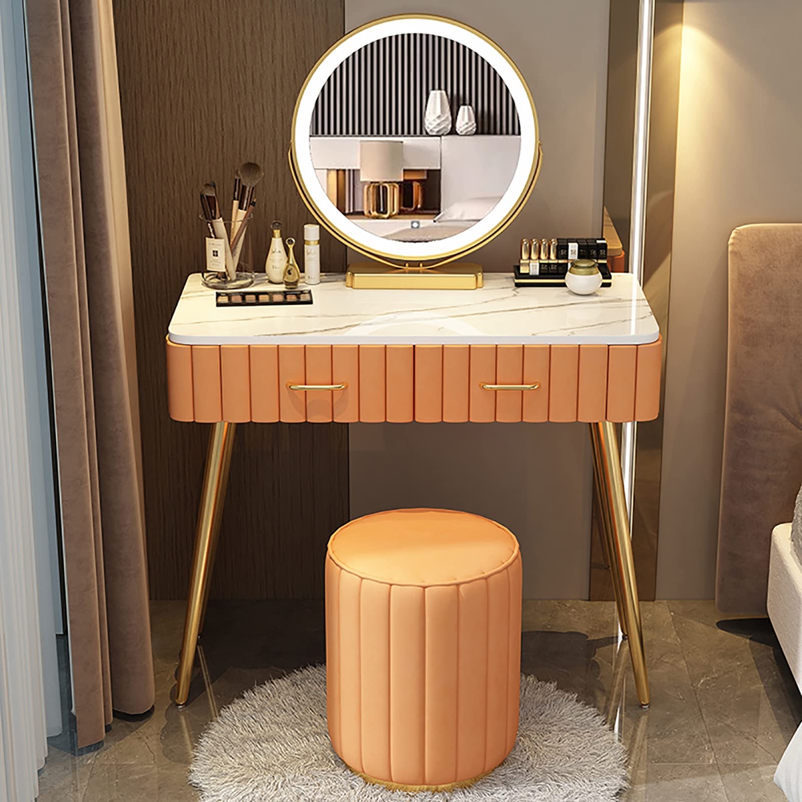 Set di tavolo da trucco illuminato con sgabello imbottito, specchio a 3 colori, in legno massello, elegante scrivania per camera da letto da donna (arancione, 80 cm)