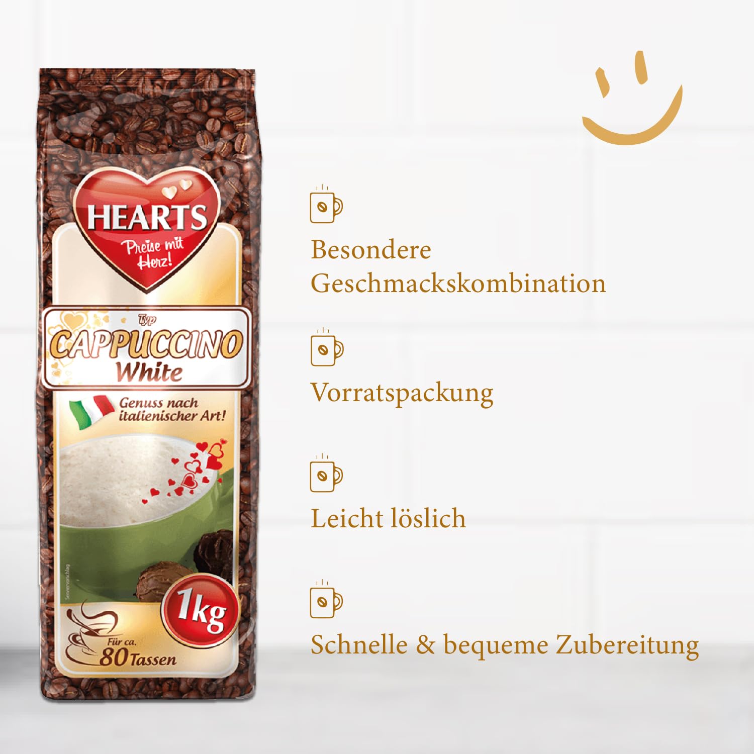 HEART's Cappuccino White Line, 5 x 1kg proszku do kawy instant, intensywny aromat, rozpuszczalny, mleczny, kremowy o smaku waniliowym, opakowanie zapasowe 5 sztuk, wystarcza na 400 filiżanek